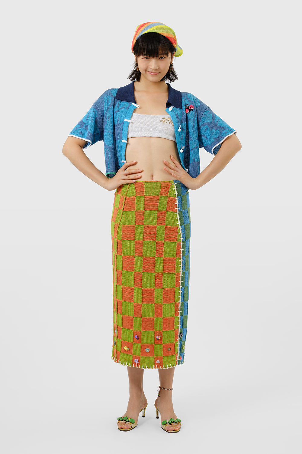 Embellished Check Midi Skirt