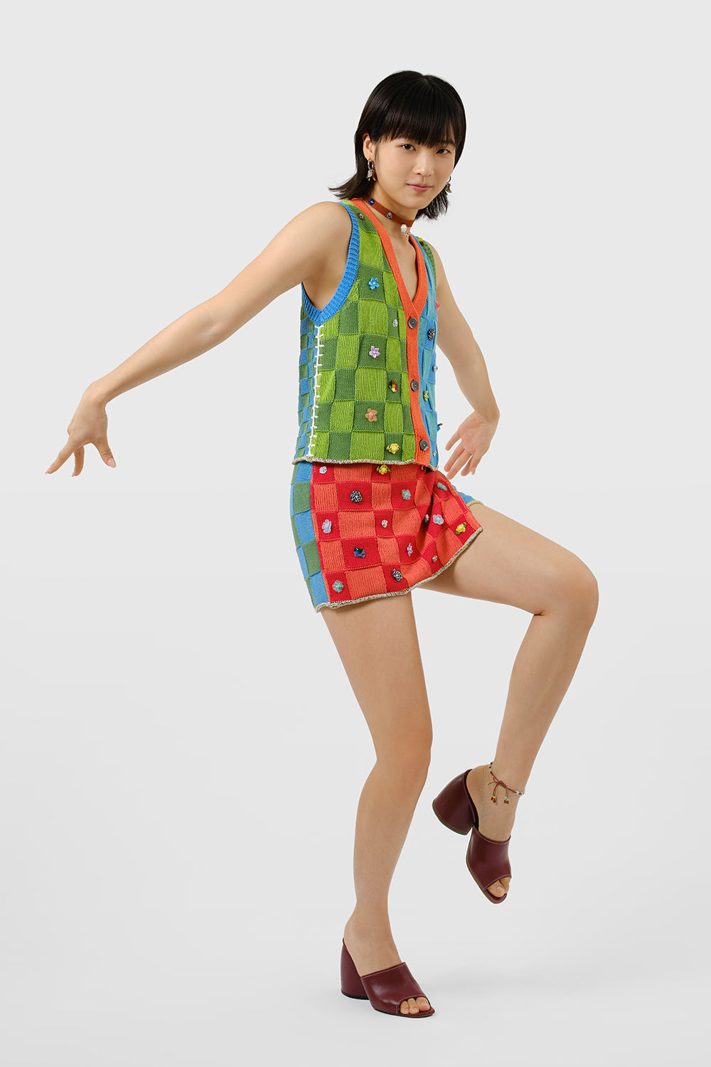 Embellished Check Wrap Skort