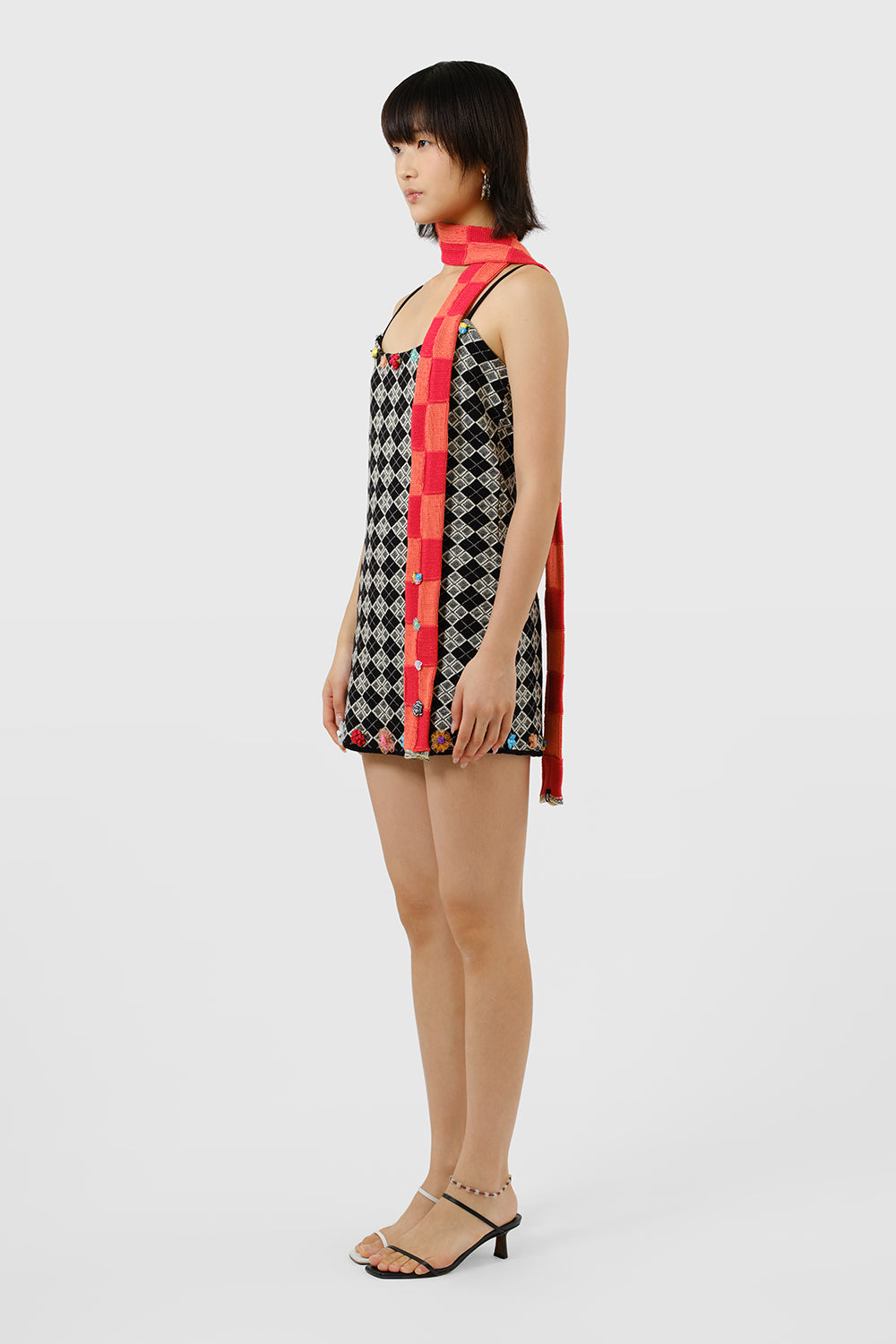 Embellished Check Skinny Scarf