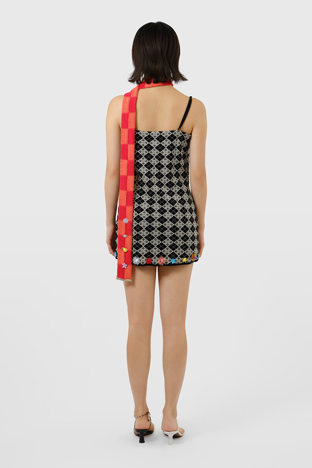 Embellished Check Skinny Scarf