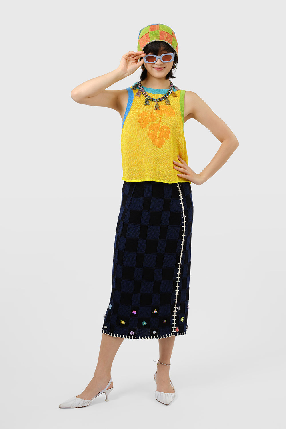 Embellished Check Midi Skirt