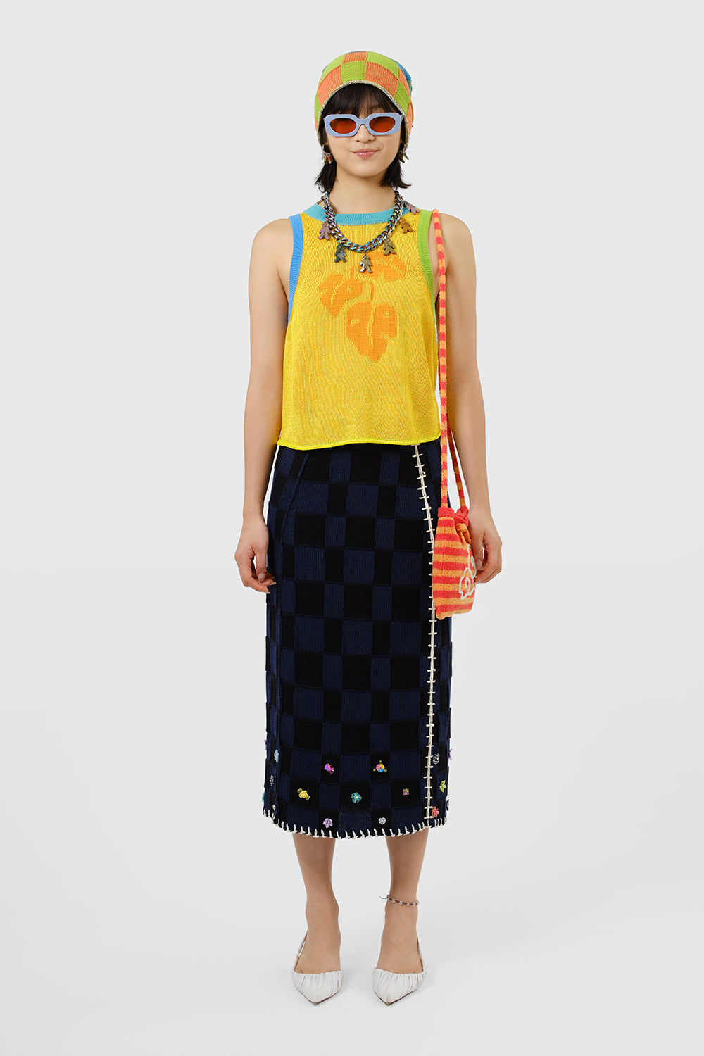 Embellished Check Midi Skirt