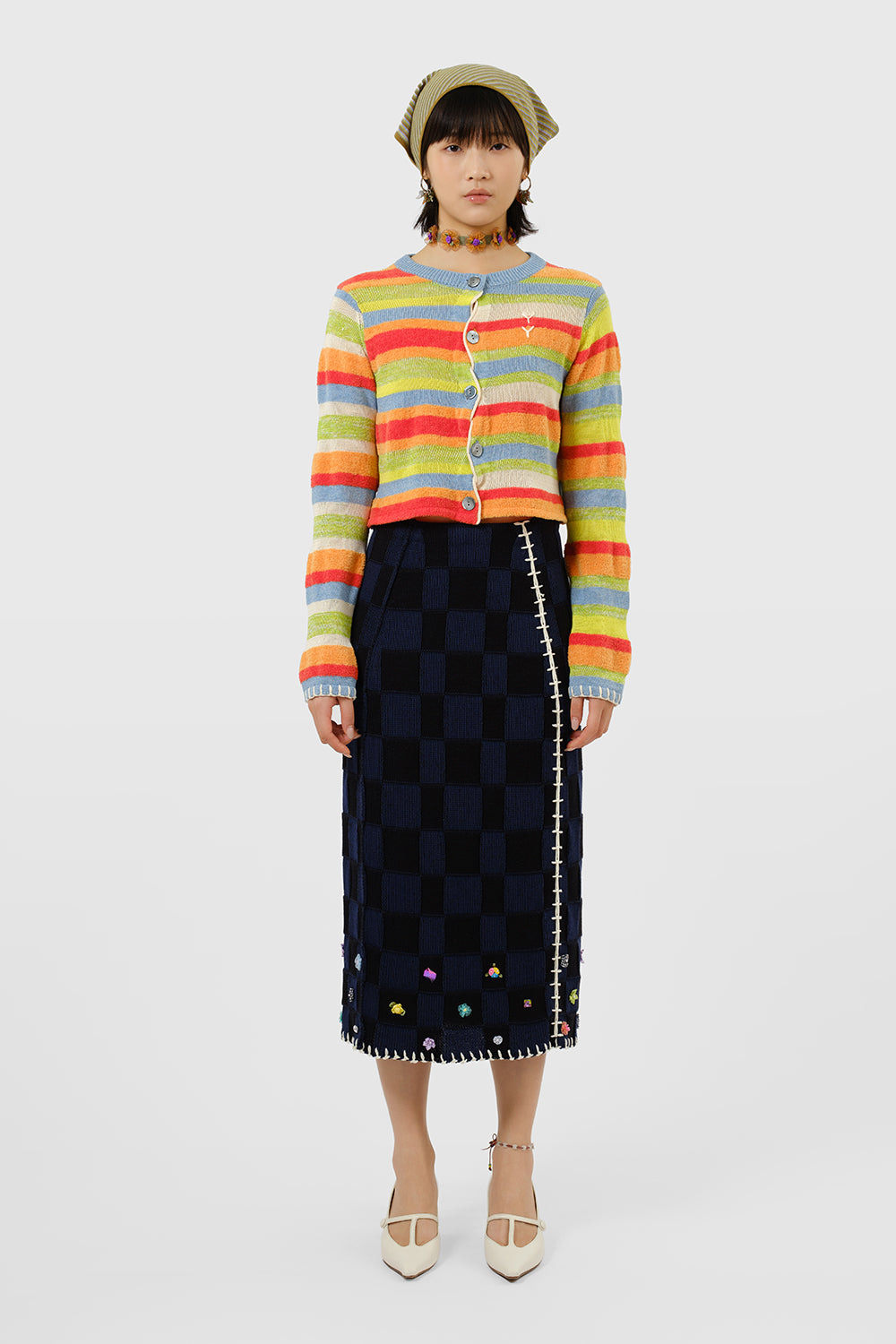 Embellished Check Midi Skirt