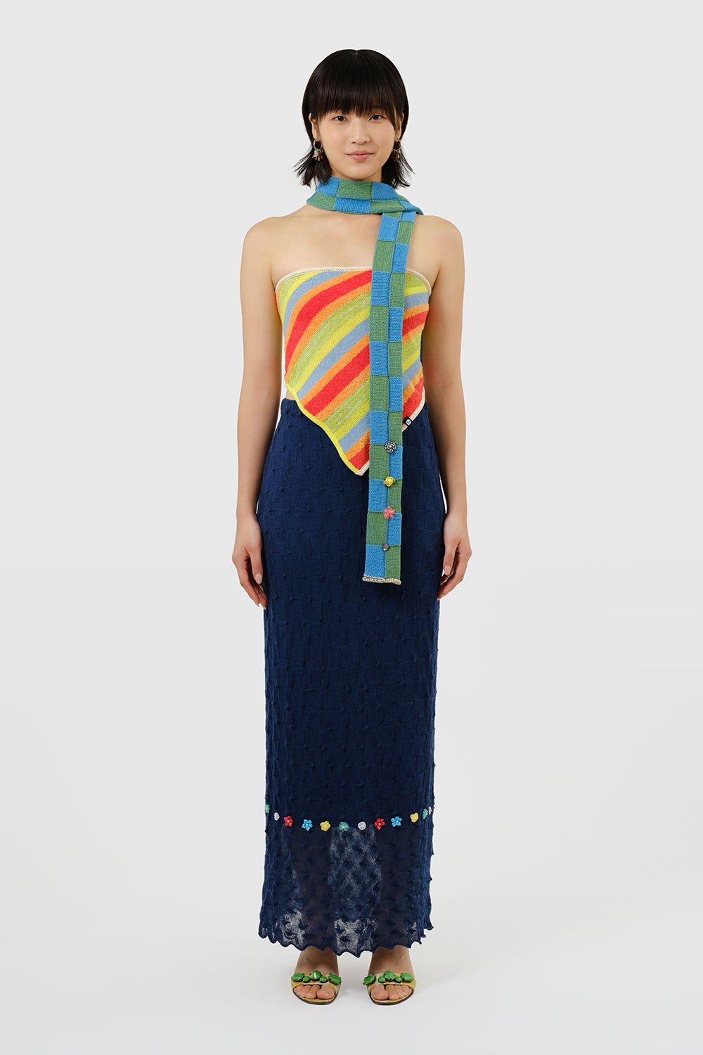Embellished Check Skinny Scarf