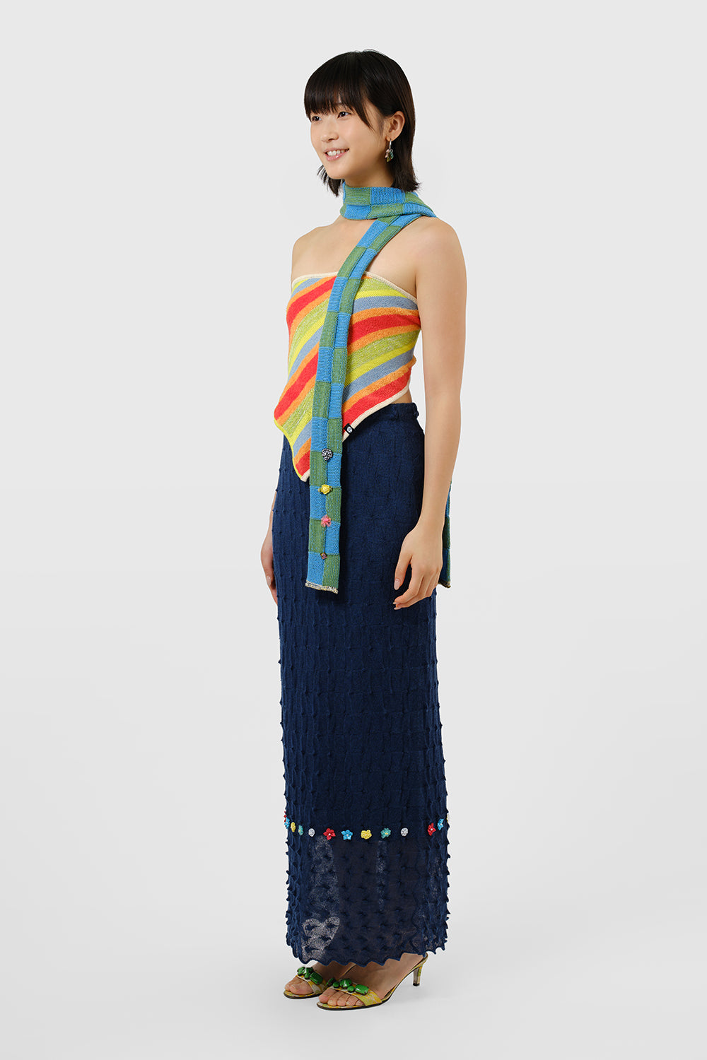 Embellished Check Skinny Scarf