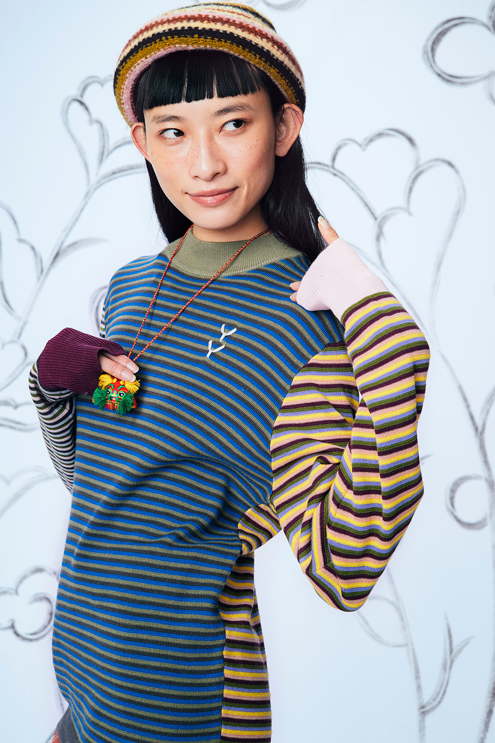 Cotton Microstripe Mock Neck Pullover