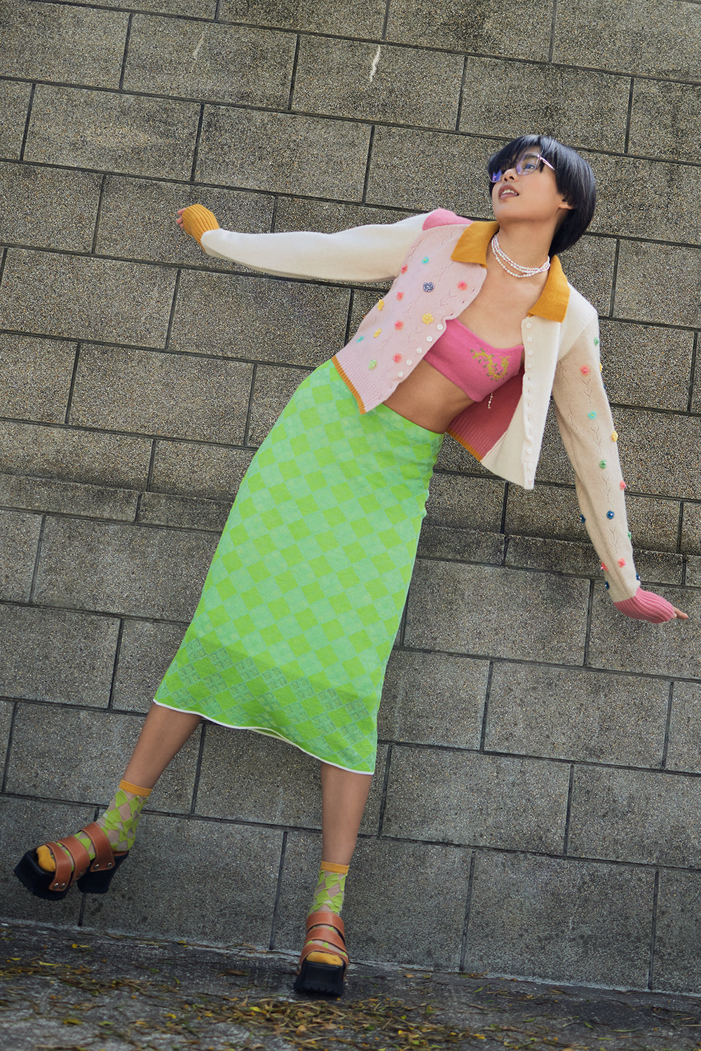 Checked Extra Long Sleeve Collared Cardigan