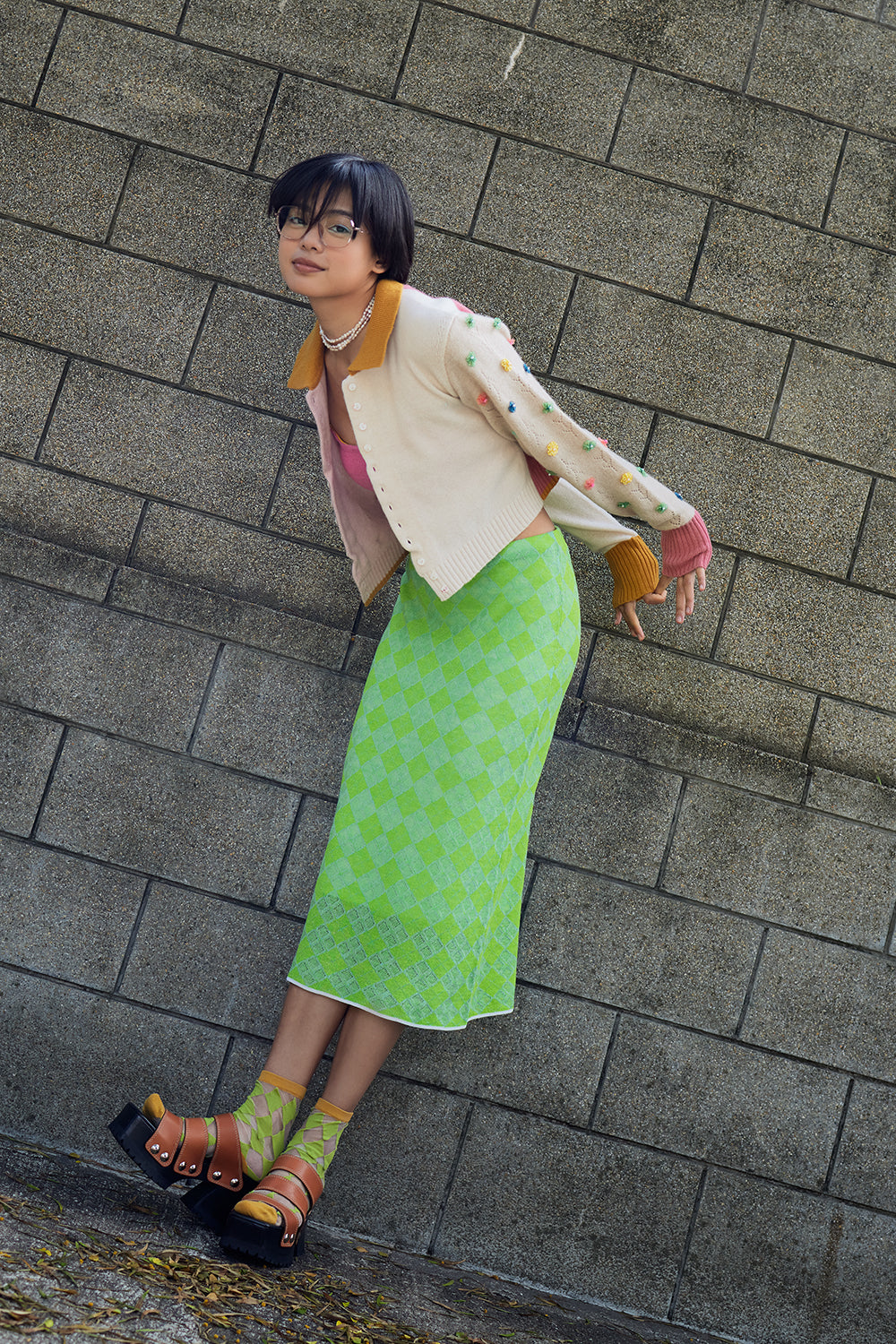 Checked Extra Long Sleeve Collared Cardigan