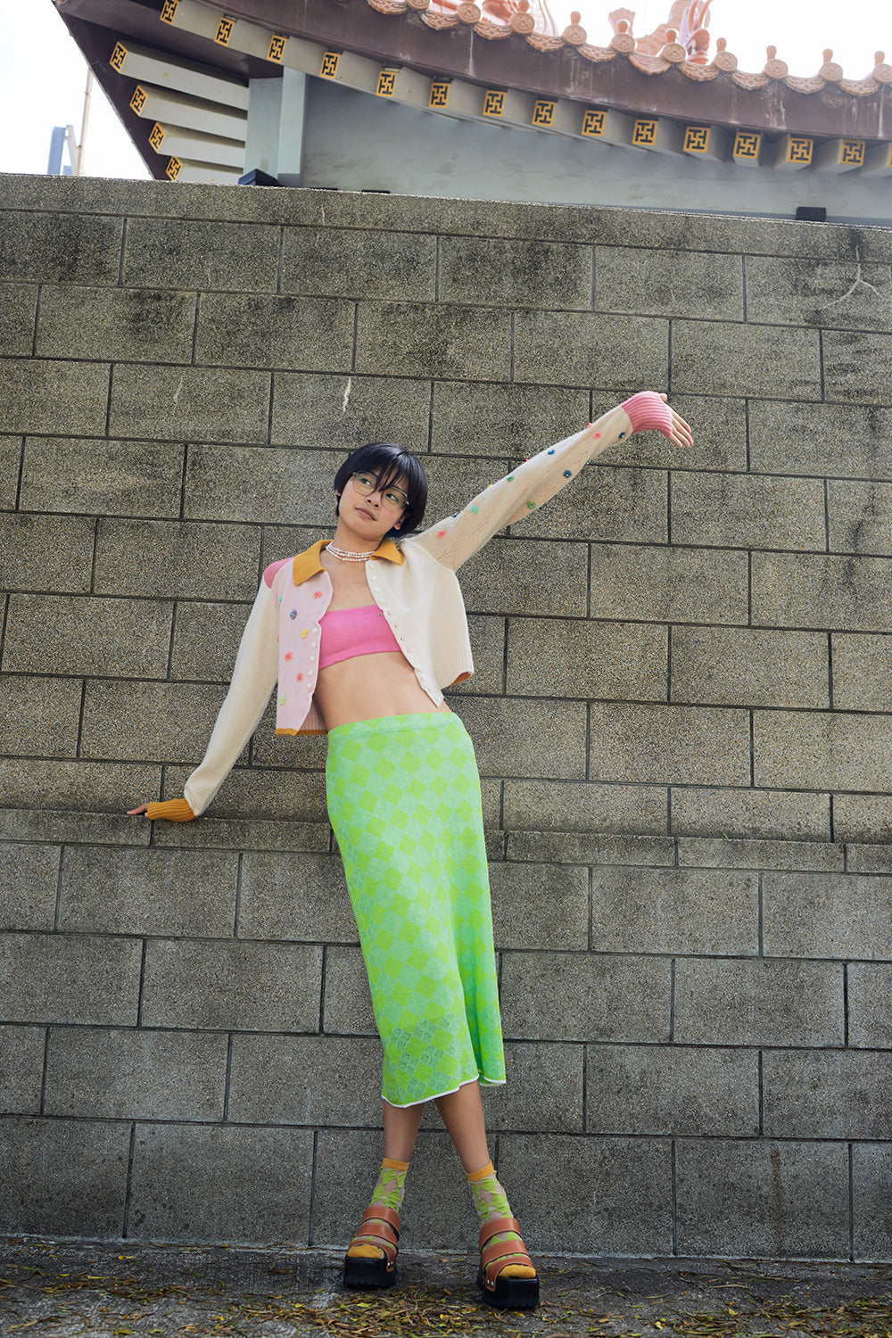 Checked Extra Long Sleeve Collared Cardigan