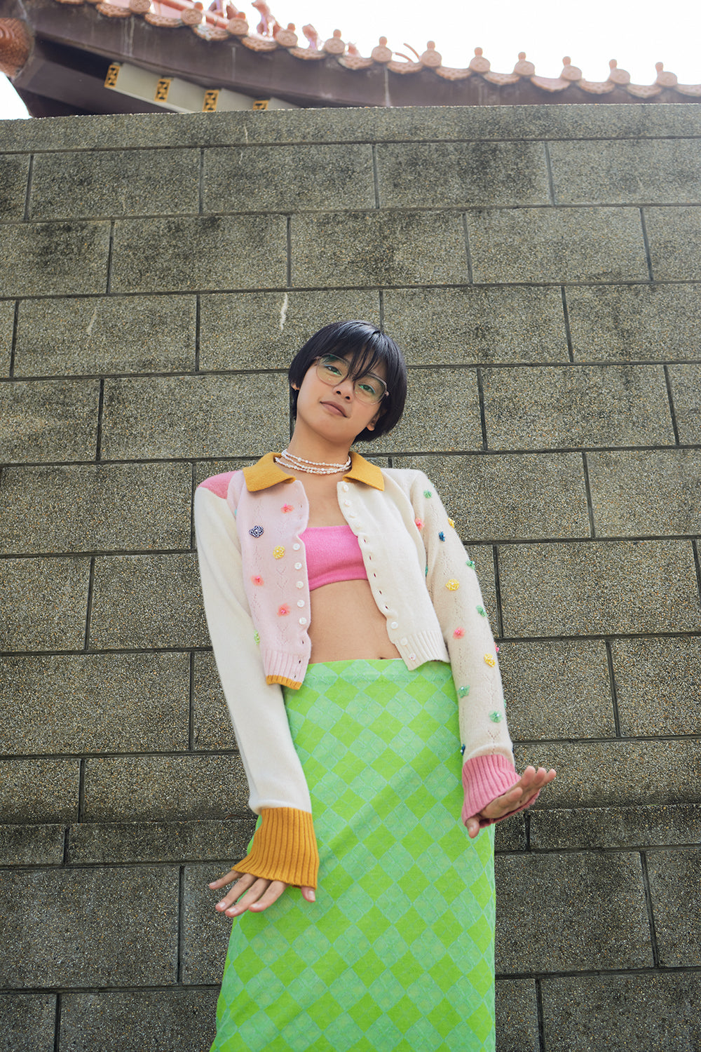 Checked Extra Long Sleeve Collared Cardigan