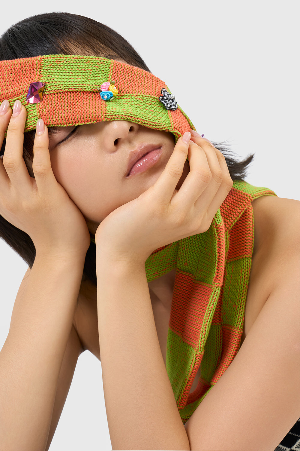 Embellished Check Skinny Scarf