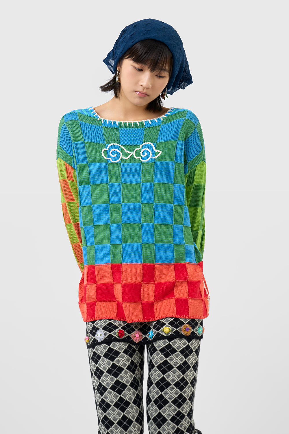 Cloud Check Boatneck Pullover