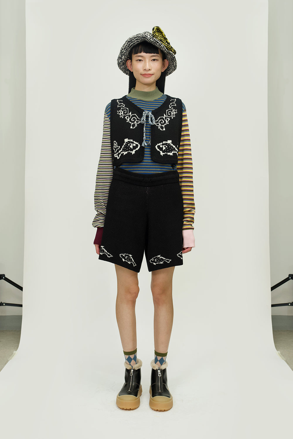 Cotton Microstripe Mock Neck Pullover