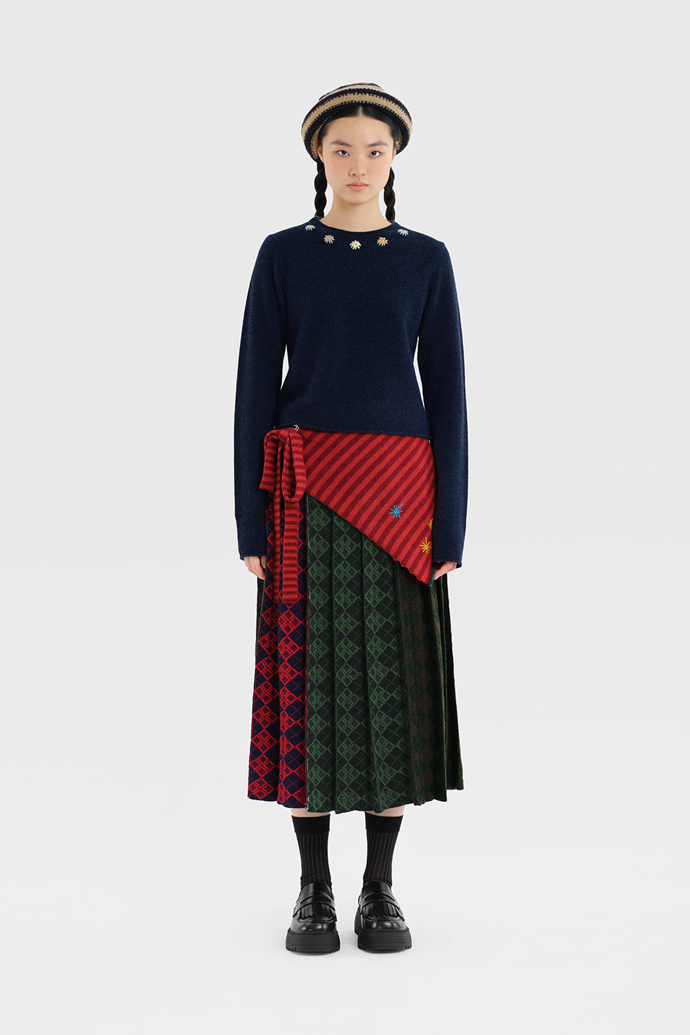 Argyle Pleated Midi Skirt