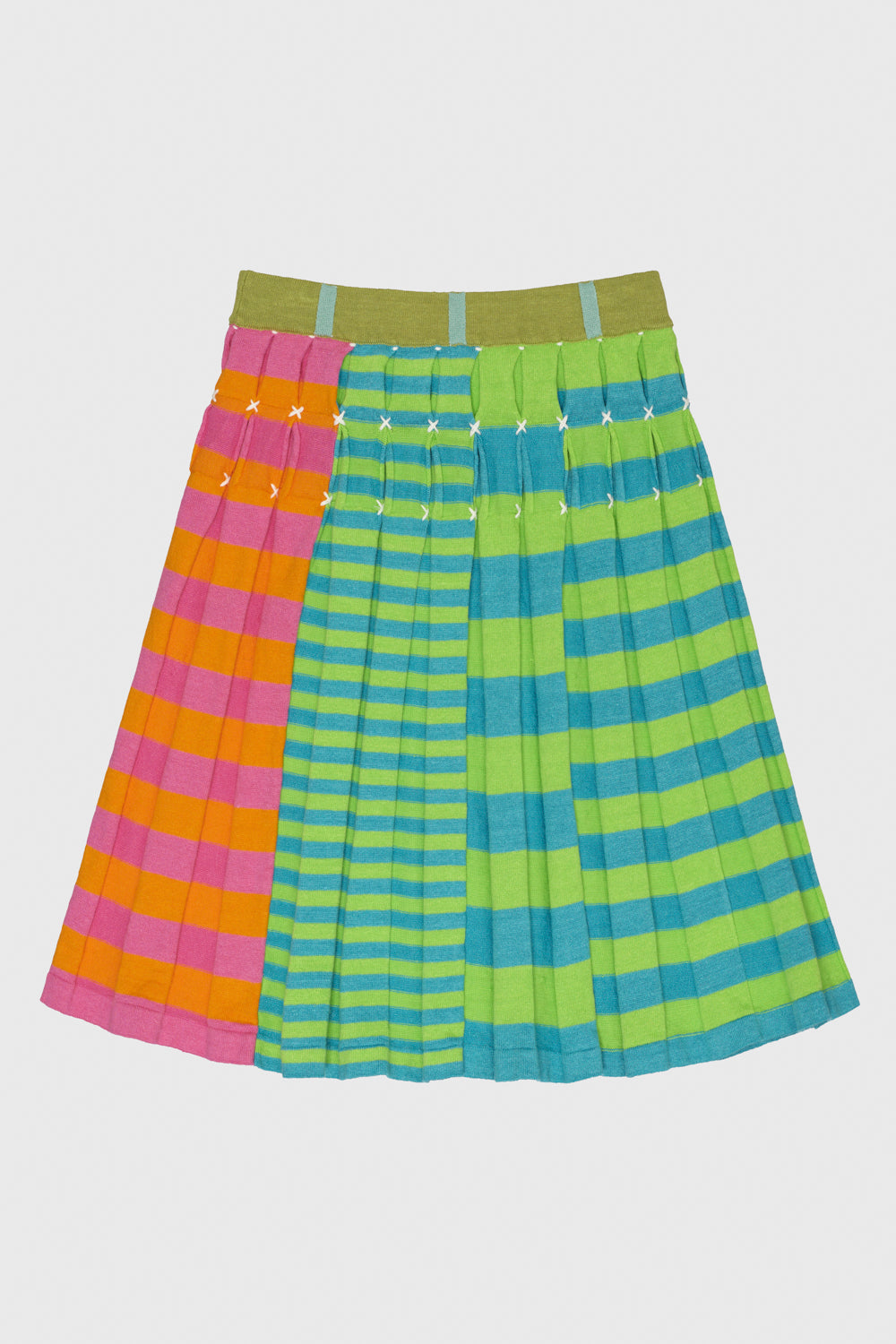 Mismatch Linen Stripe Pleated Midi Skirt