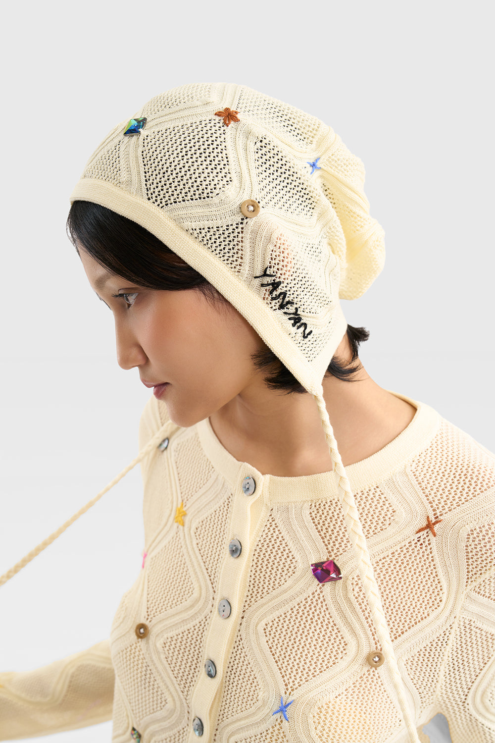Lattice Beanie with Braided Ties