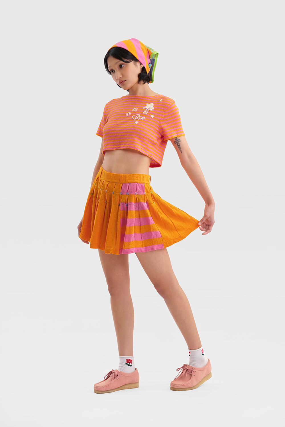 Daisy Linen Stripe Pleated Mini Skirt