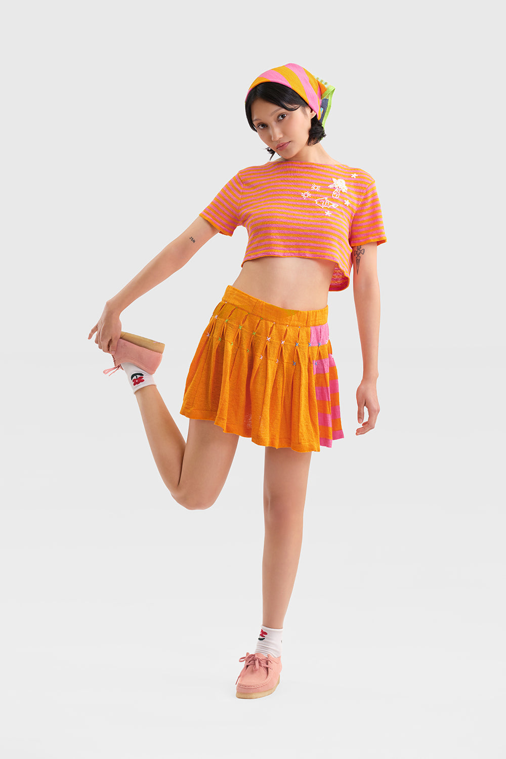 Daisy Linen Stripe Pleated Mini Skirt