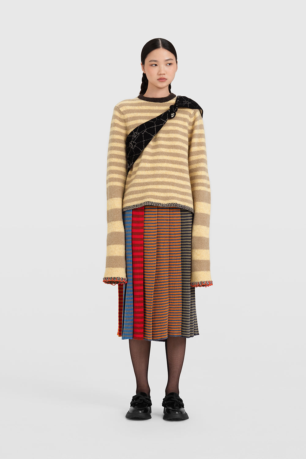 Mismatched Stripe Pleated Midi Skirt