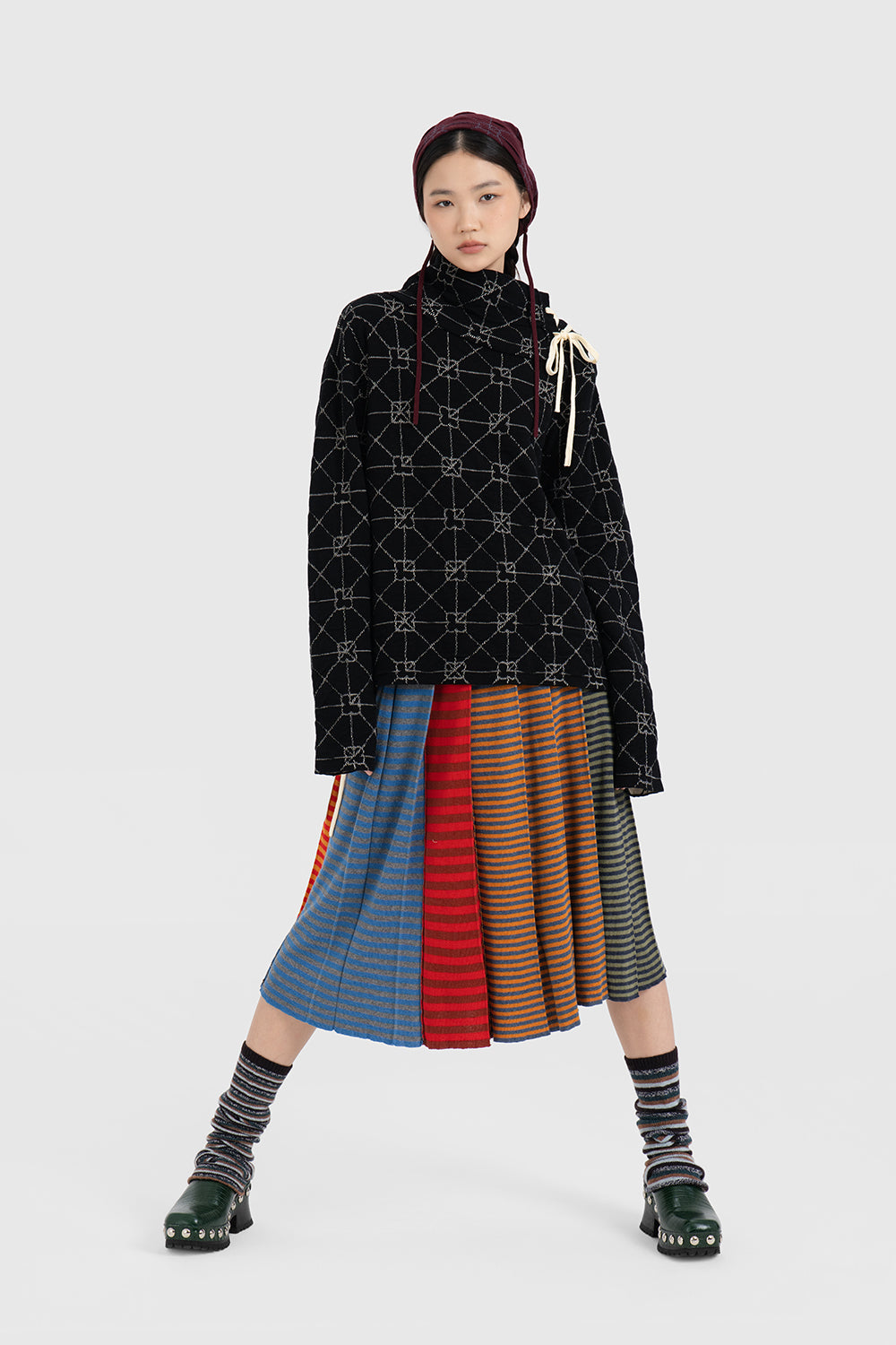 Mismatched Stripe Pleated Midi Skirt