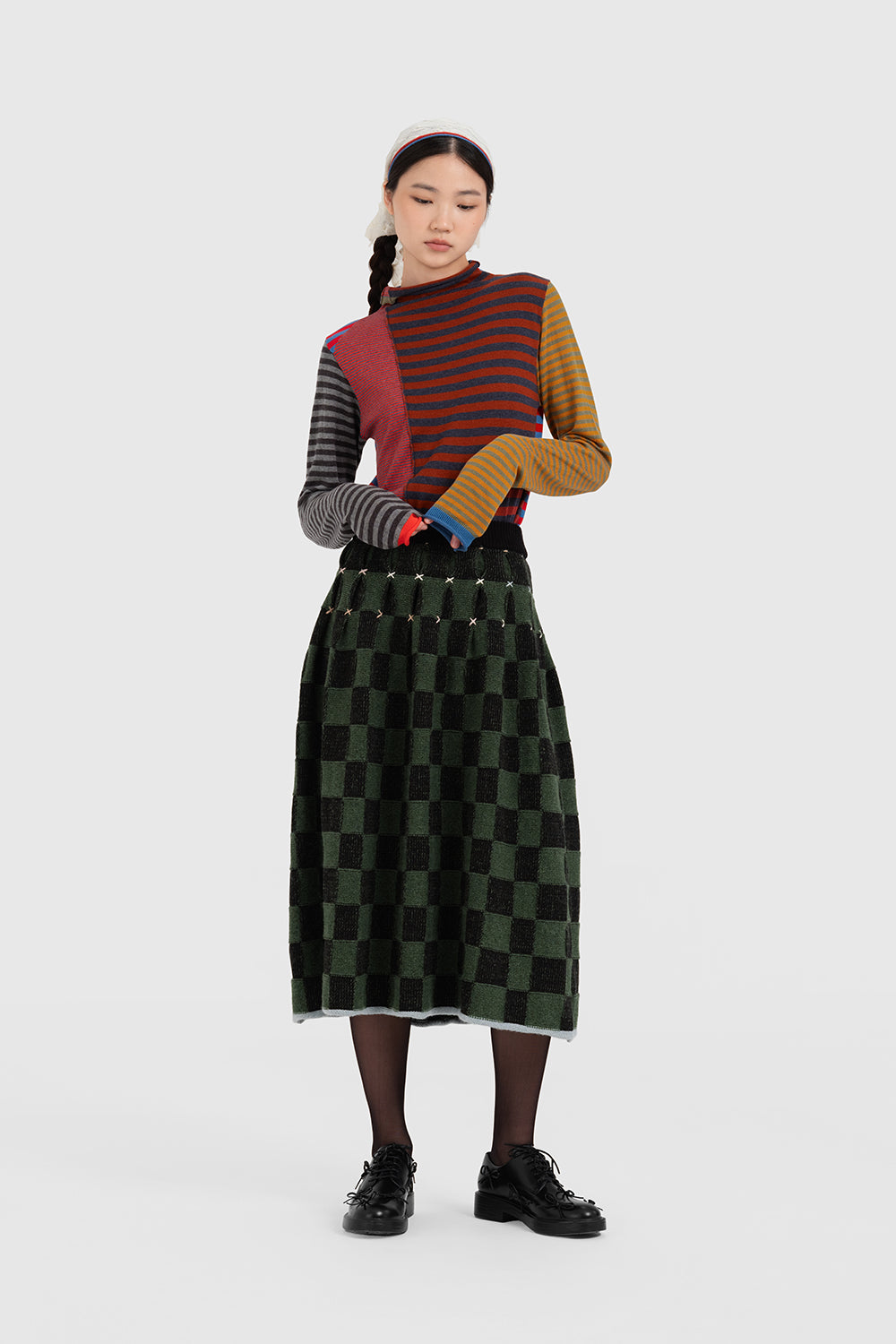 Wool Check Pleated Midi Skirt