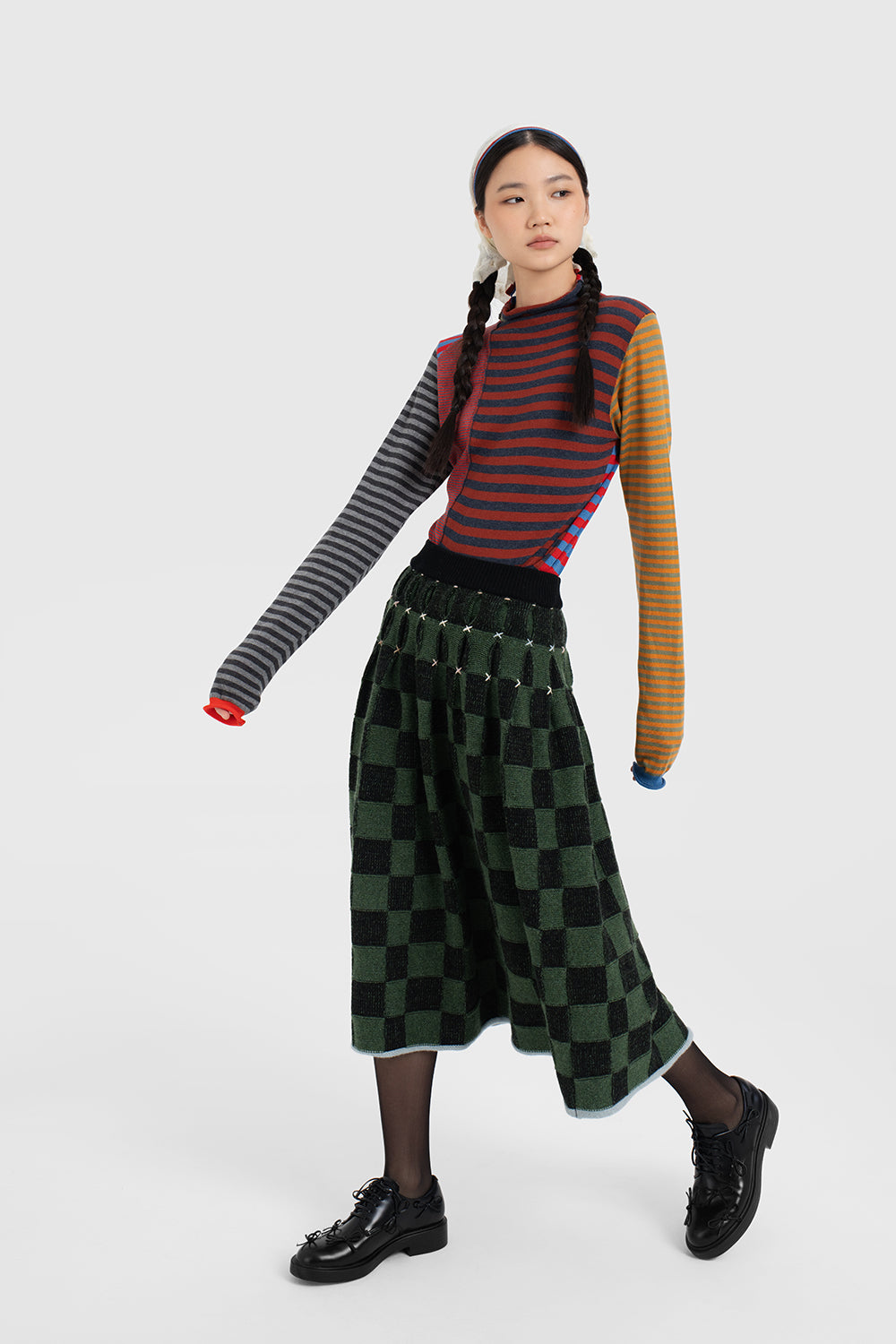 Wool Check Pleated Midi Skirt