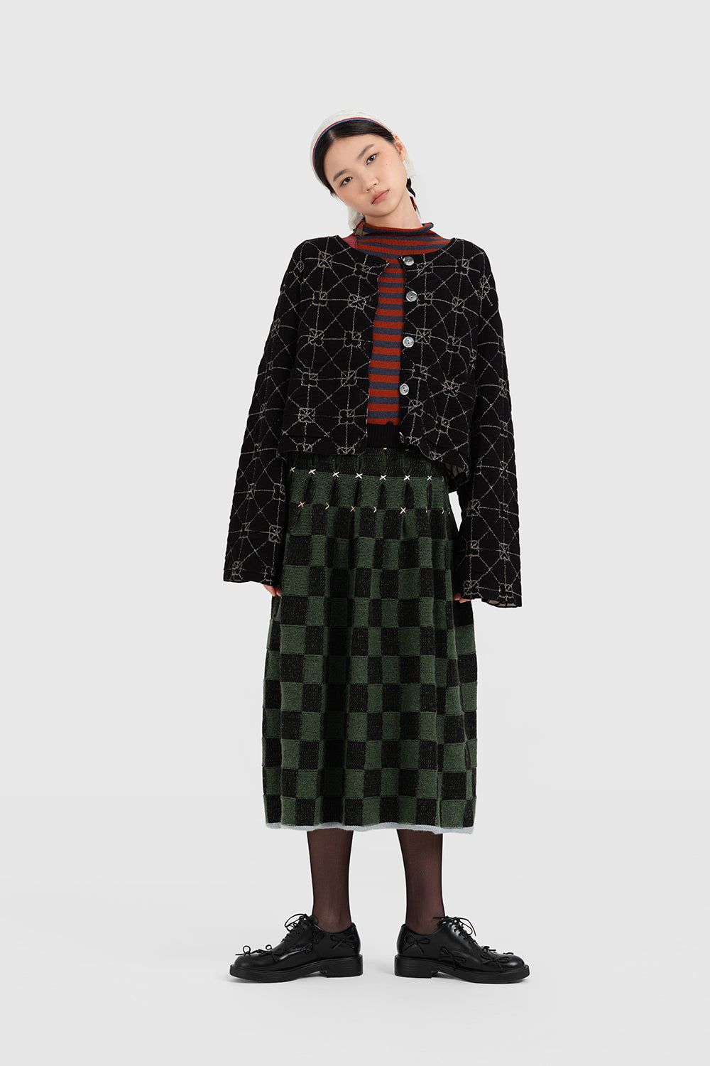 Wool Check Pleated Midi Skirt
