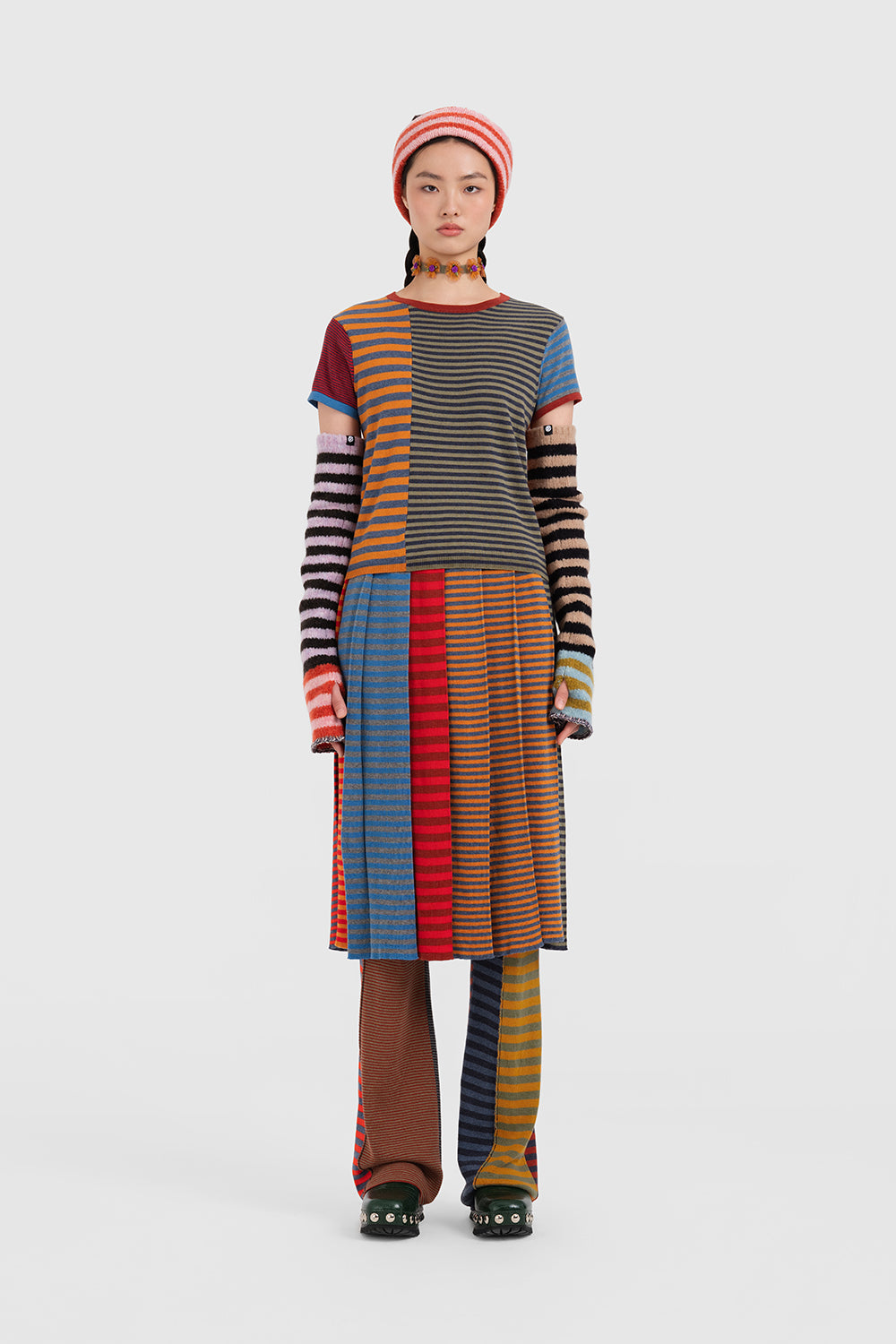 Mismatched Stripe Pleated Midi Skirt