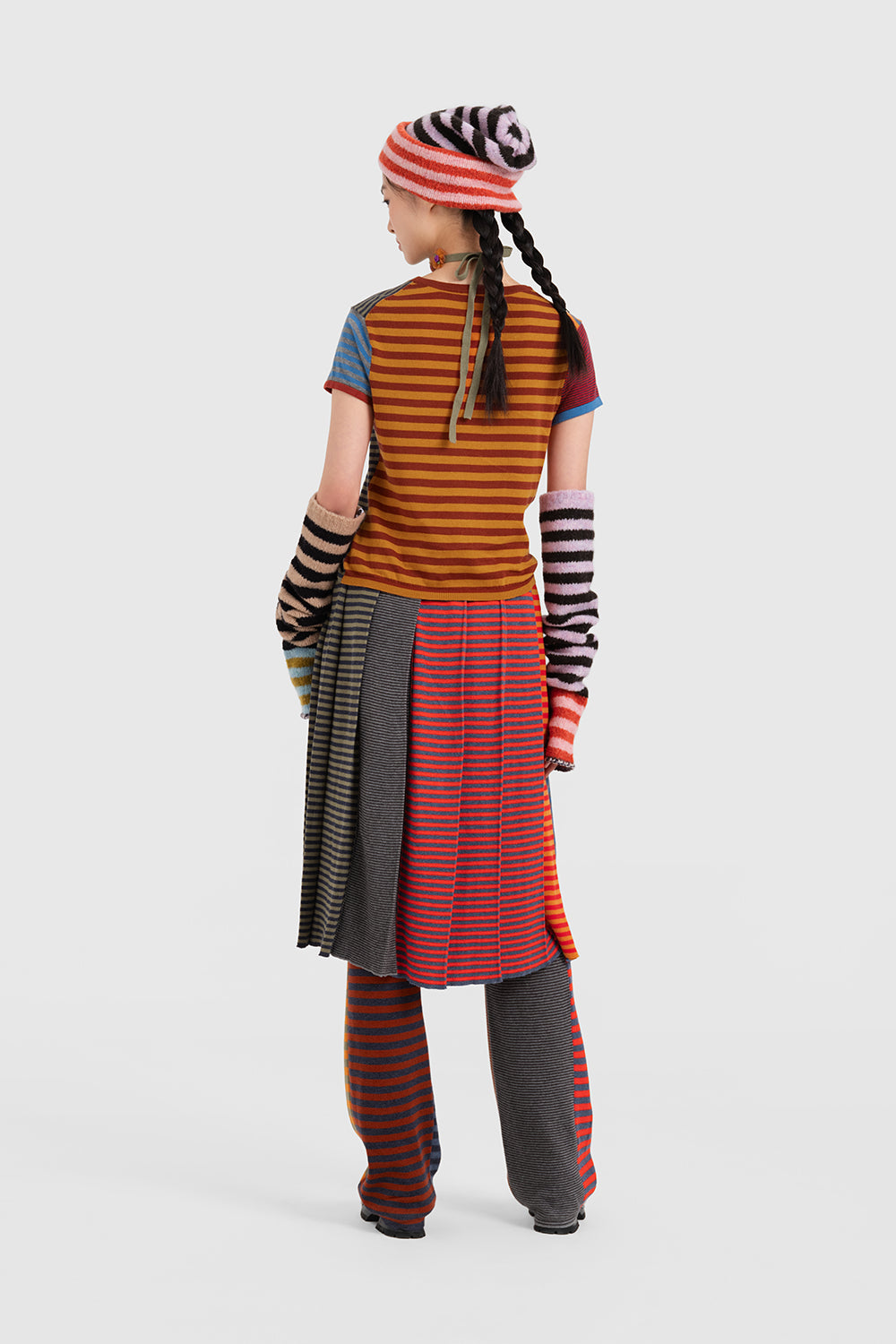 Mismatched Stripe Pleated Midi Skirt