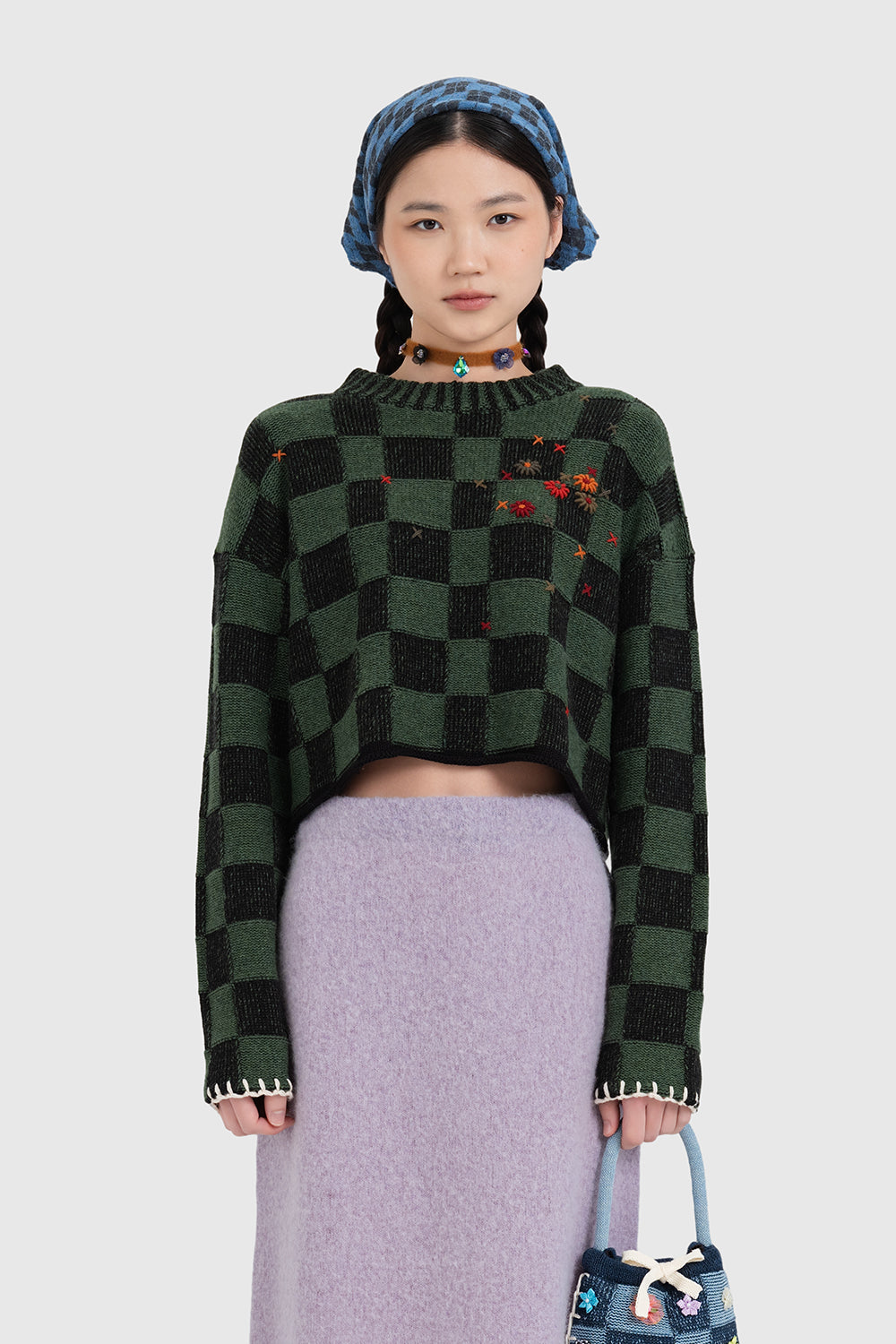Wool Check Cropped Pullover