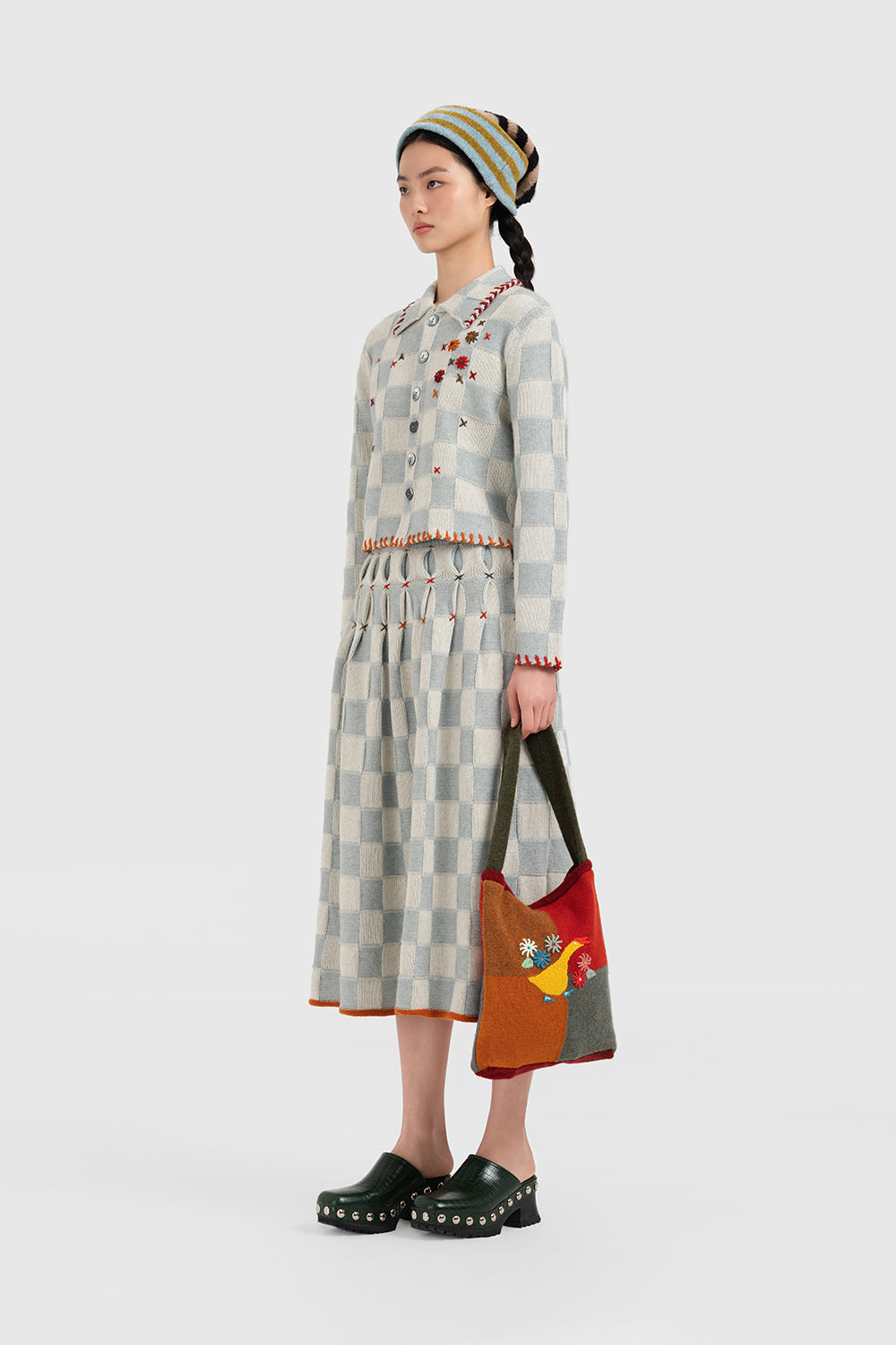 Wool Check Pleated Midi Skirt