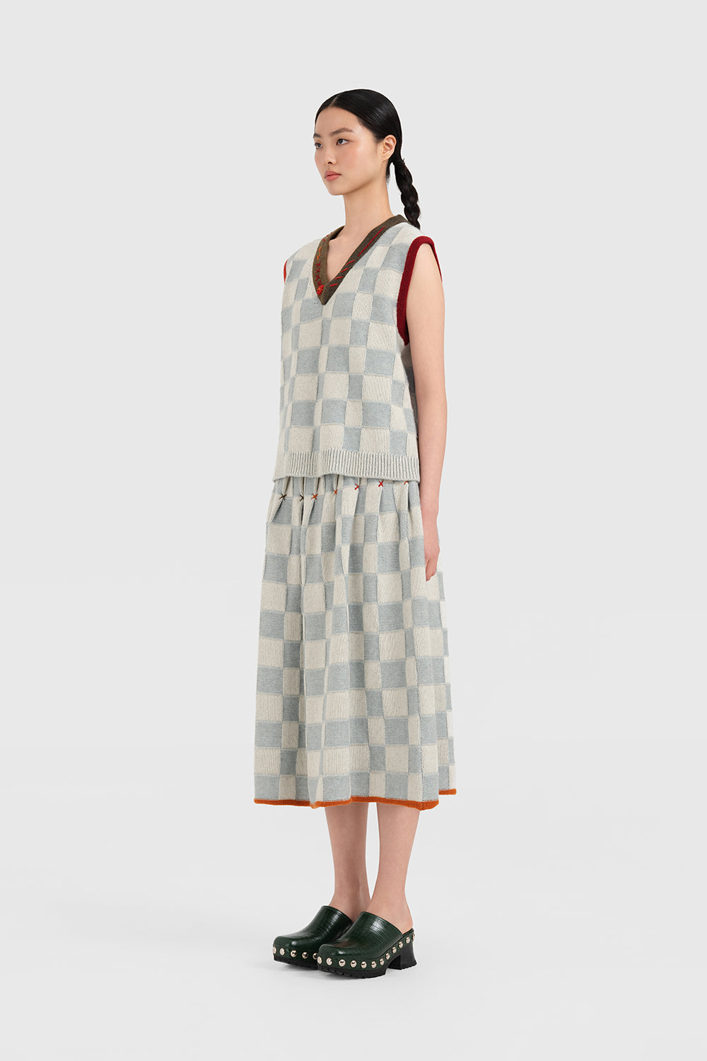 Wool Check Pleated Midi Skirt
