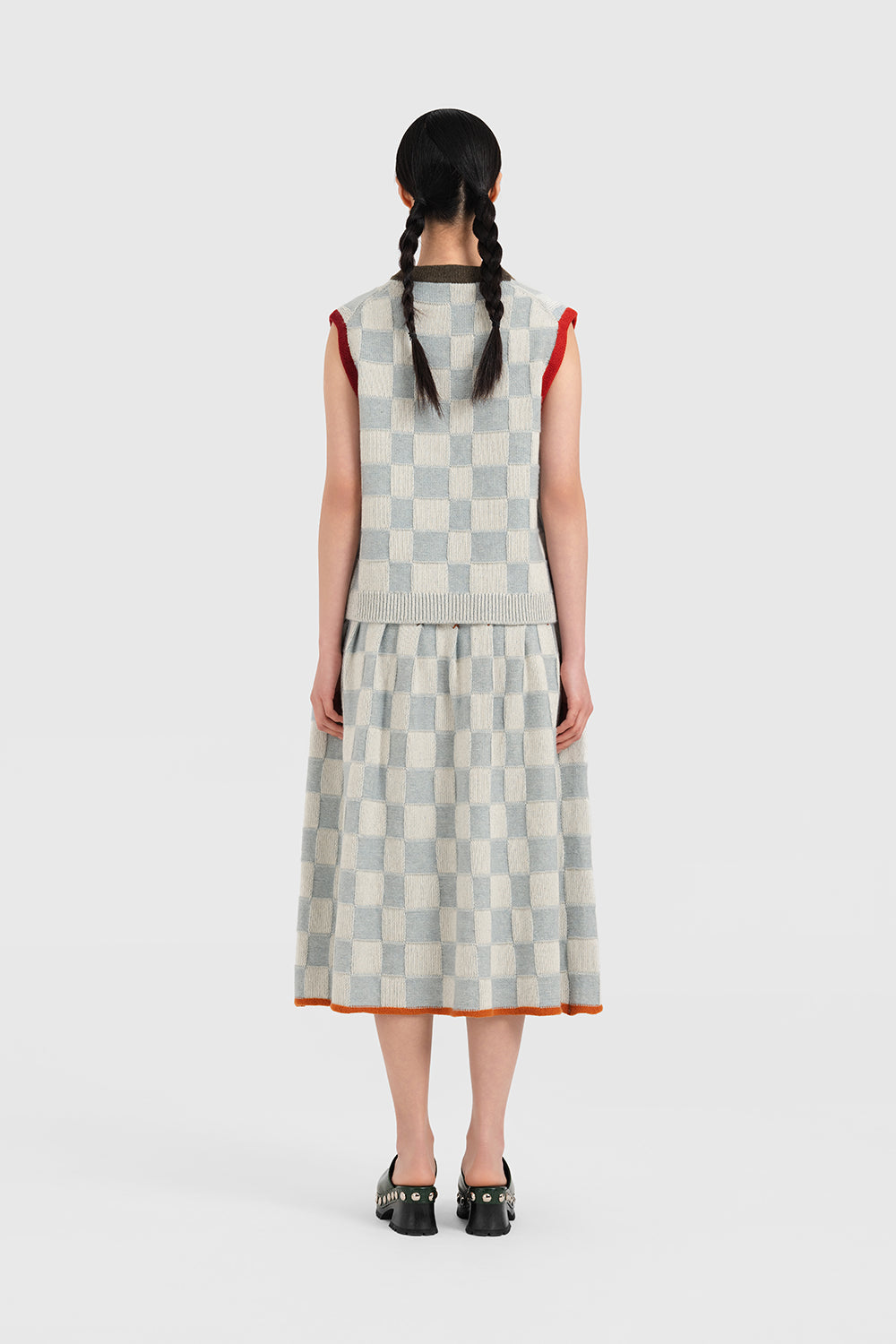 Wool Check Pleated Midi Skirt