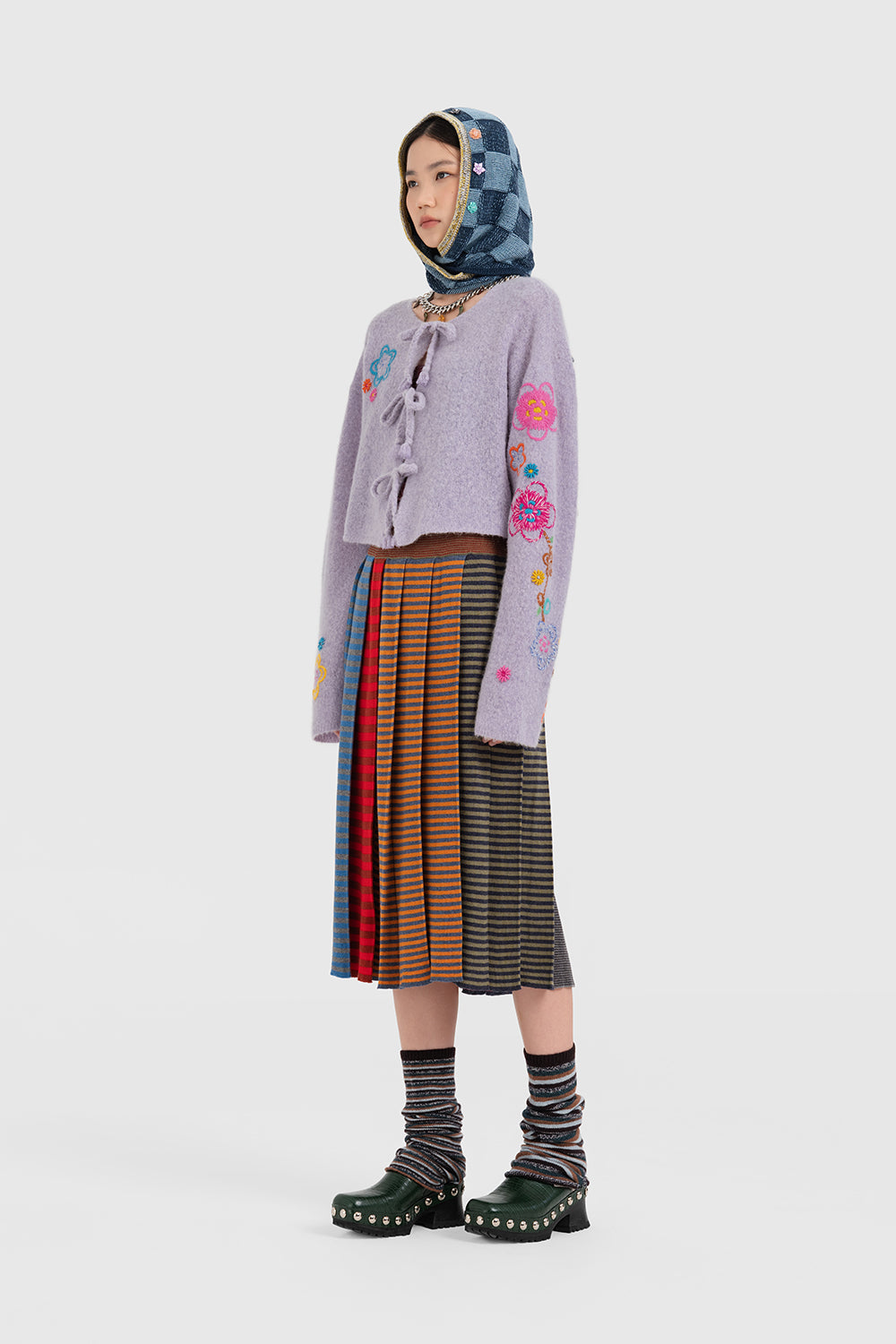Mismatched Stripe Pleated Midi Skirt