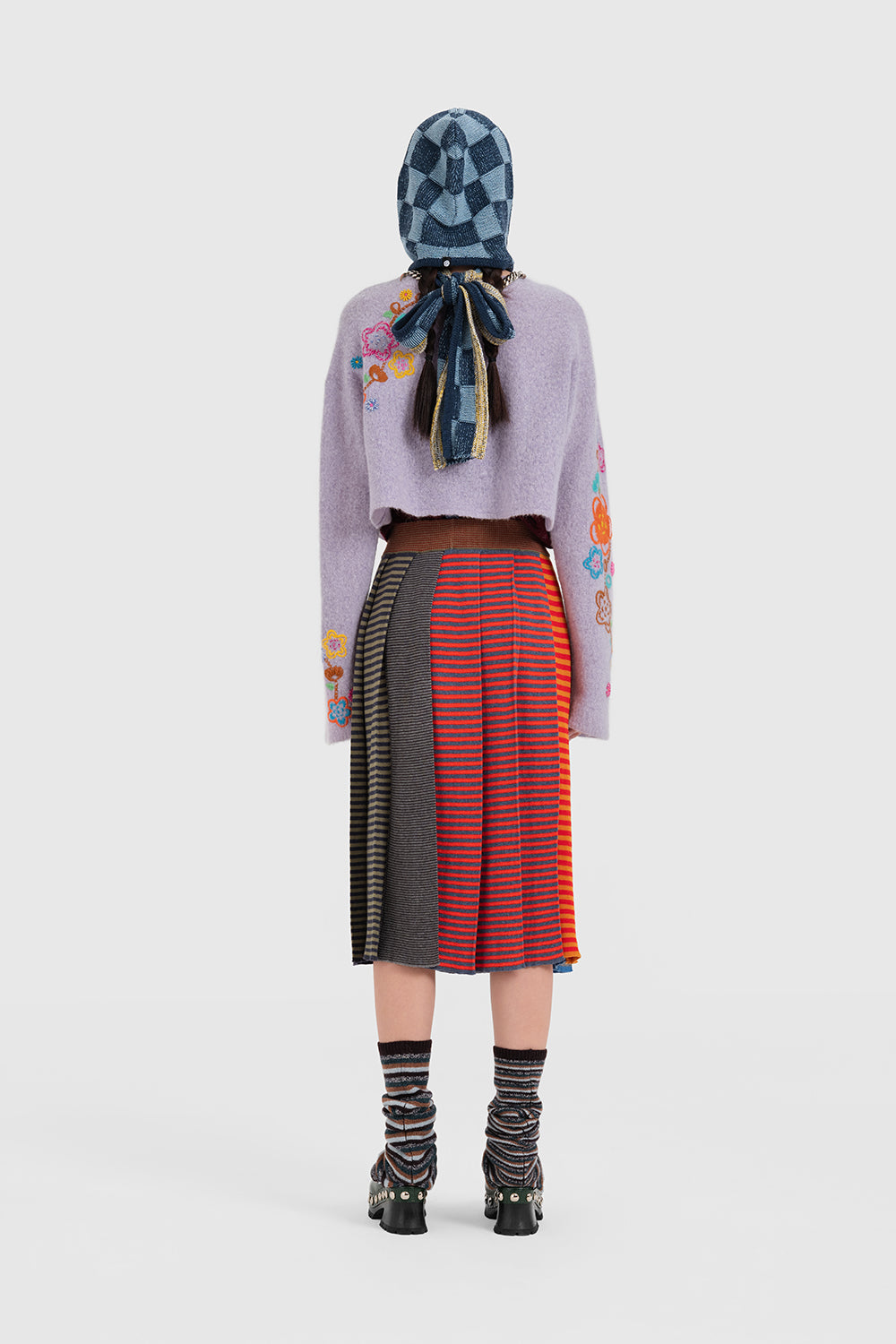 Mismatched Stripe Pleated Midi Skirt