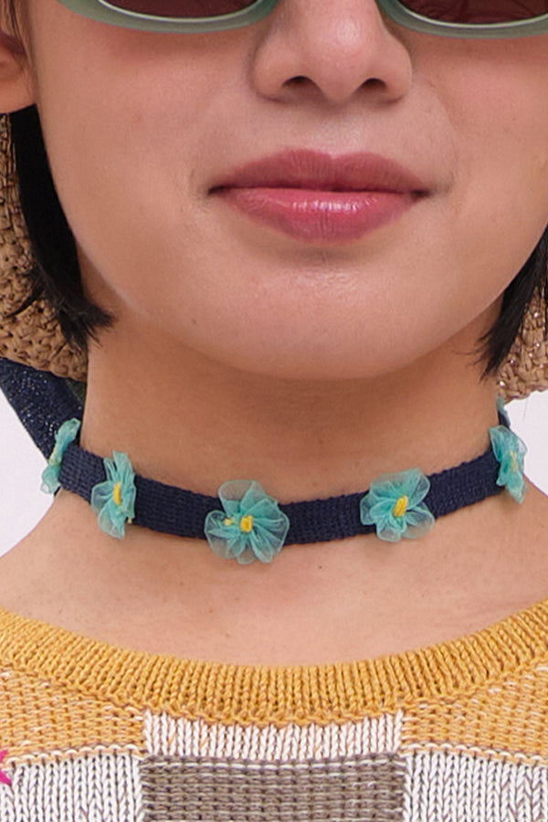 Choker in Navy Linen with Turquoise Ribbon Flowers