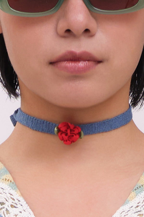 Choker in Blue Linen with Red Ribbon Flower