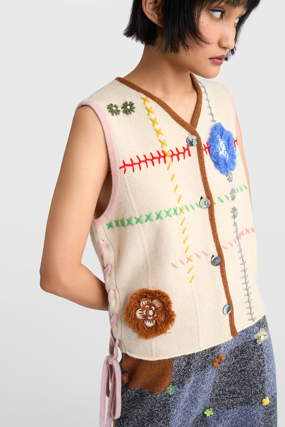 Daisy Check V-Neck Boxy Waistcoat