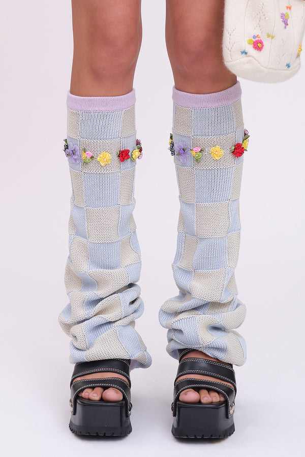 Plaited Check Legwarmers in Sky Cotton