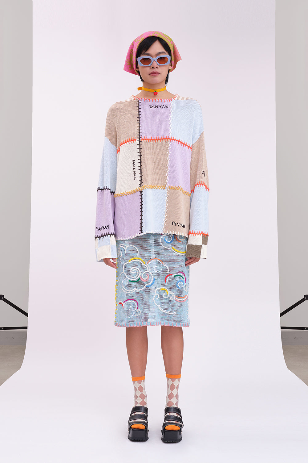 Cotton-Check Boatneck Pullover