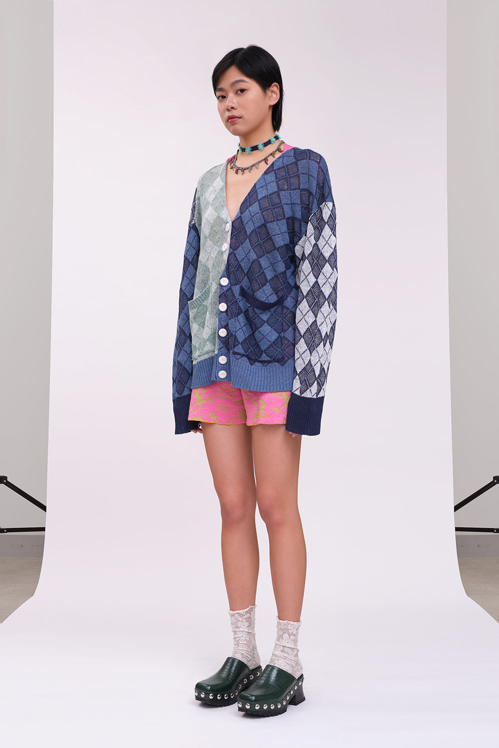 Argyle Oversized V-Neck Cardigan