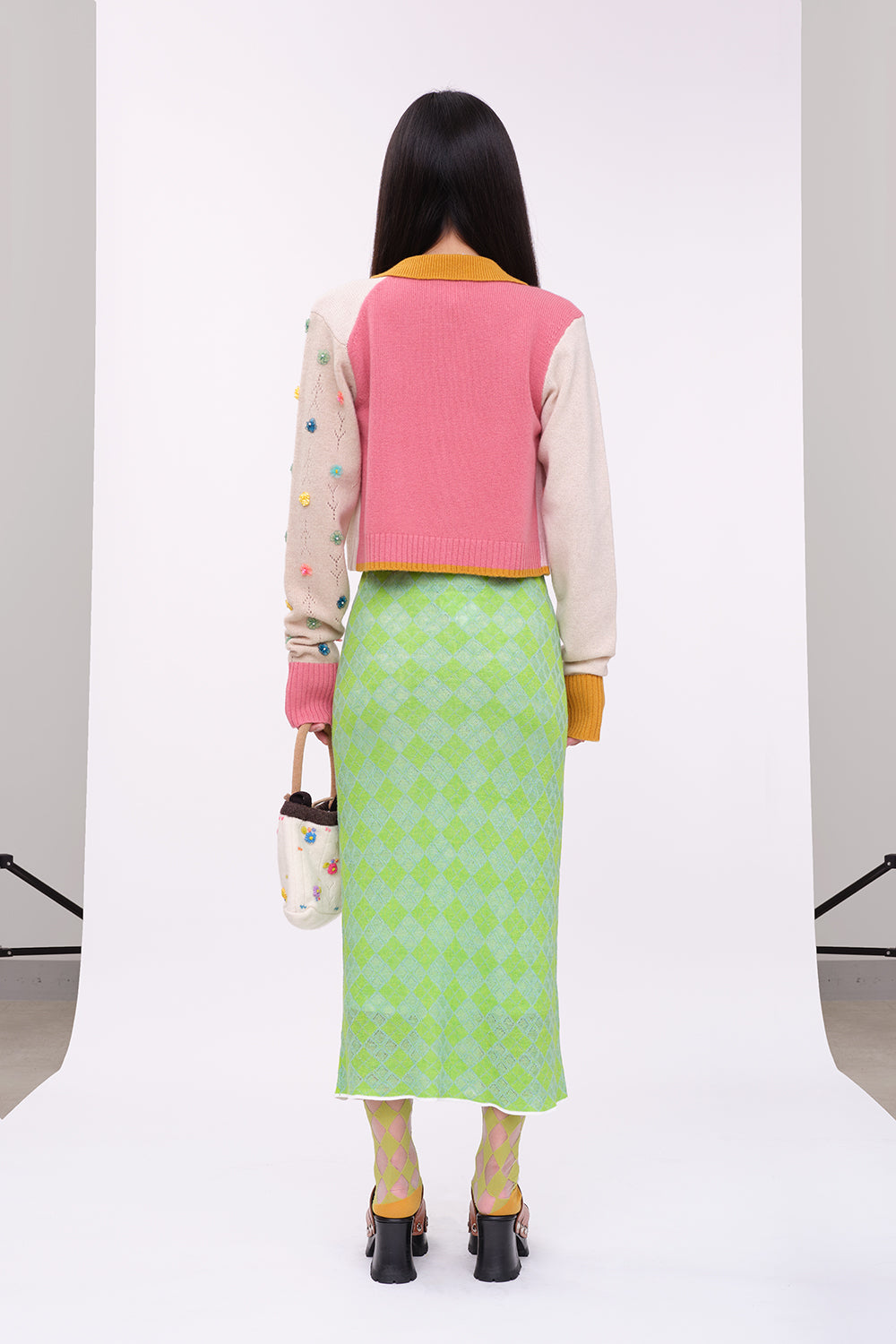 Checked Extra Long Sleeve Collared Cardigan