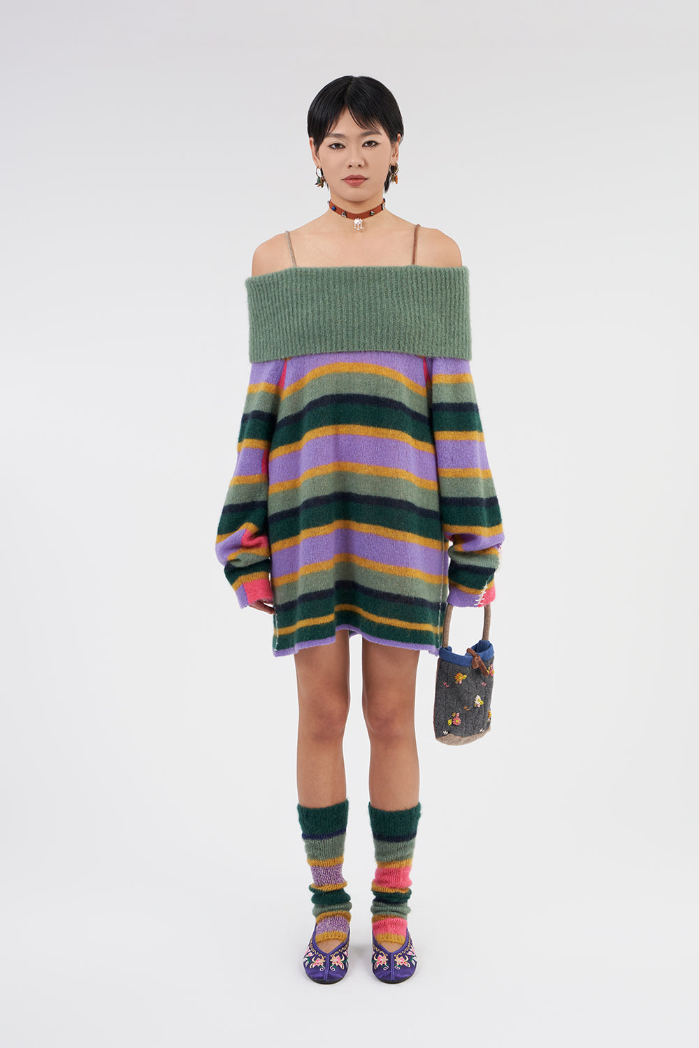 Alpaca Stripe Off-shoulder Dress