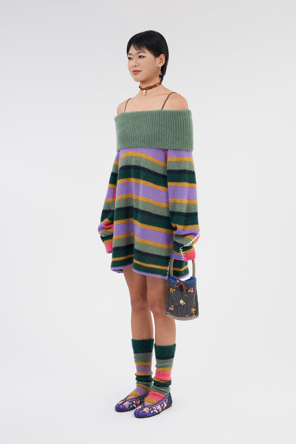 Alpaca Stripe Off-shoulder Dress