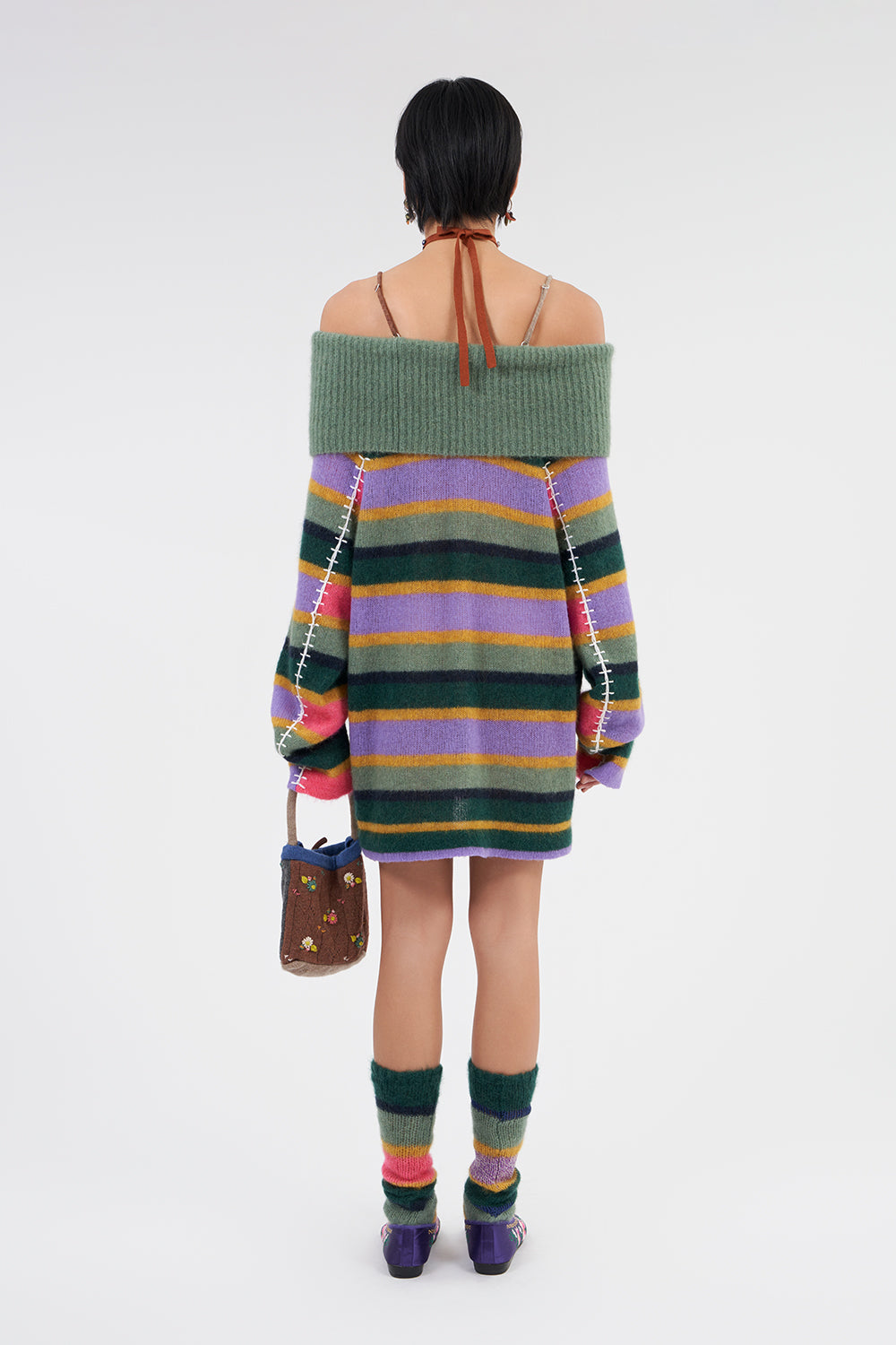 Alpaca Stripe Off-shoulder Dress