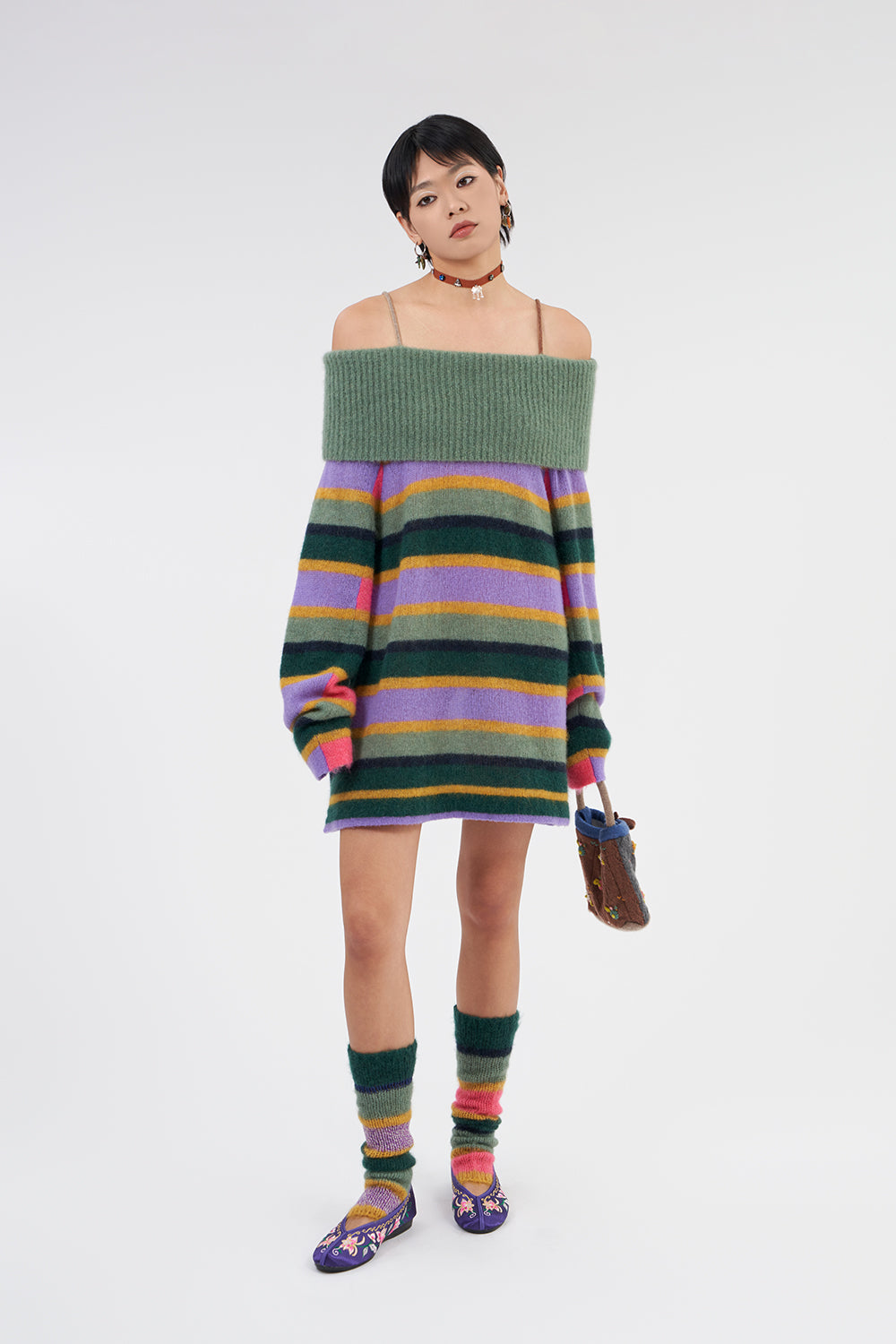 striped dress off shoulder Alpaca Stripe Off-shoulder Dress Jade/Lilac/Candy Multistripe / L