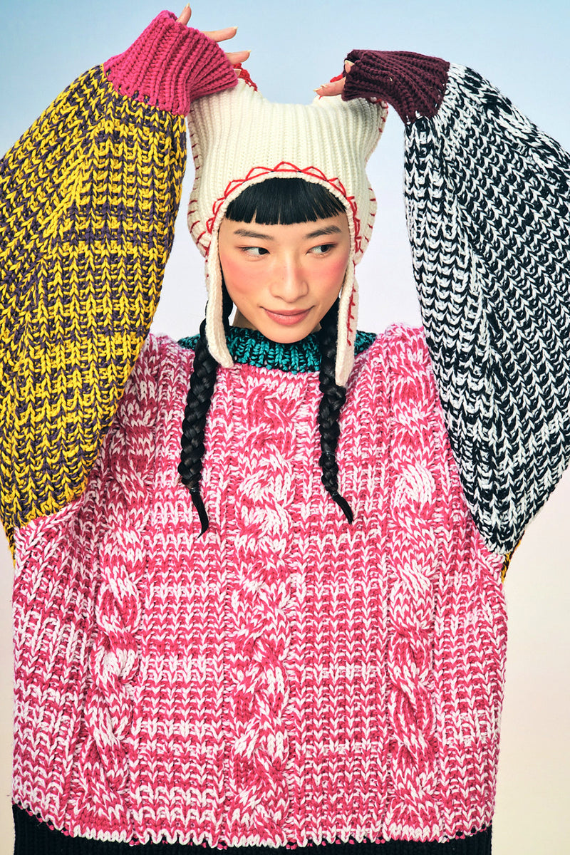 Bo Chunky Oversized Cable Pullover in Pink Multi