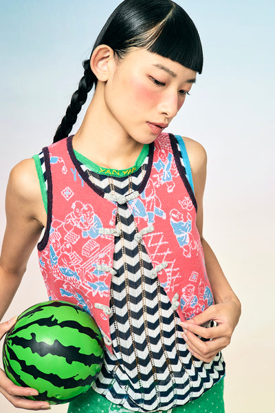 Laza Shrunken Crop Vest in Candy Boucle Jacquard with Pop Trims