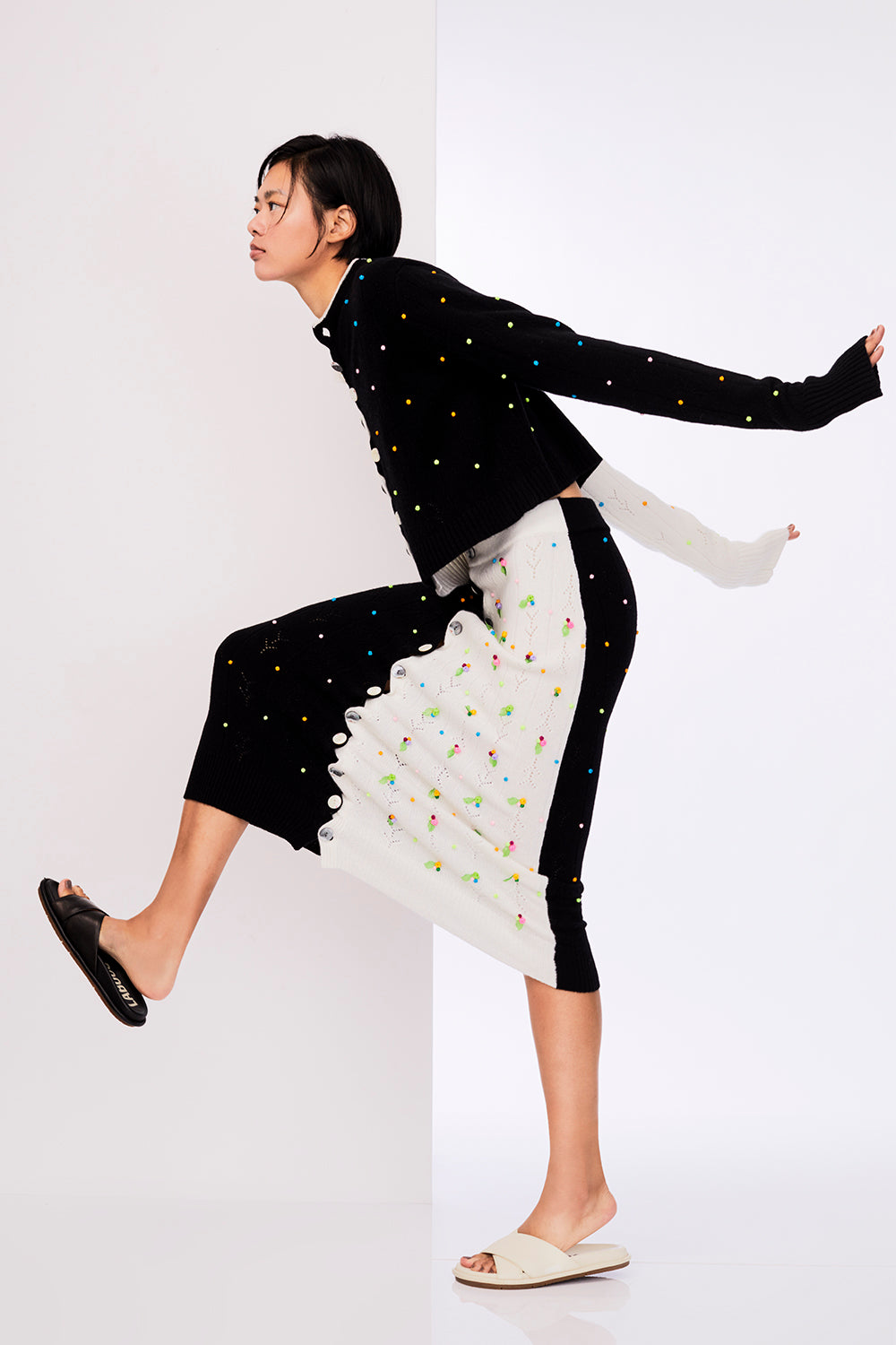 Rosie Extra Long Sleeve Cardigan in Black/White Lambswool