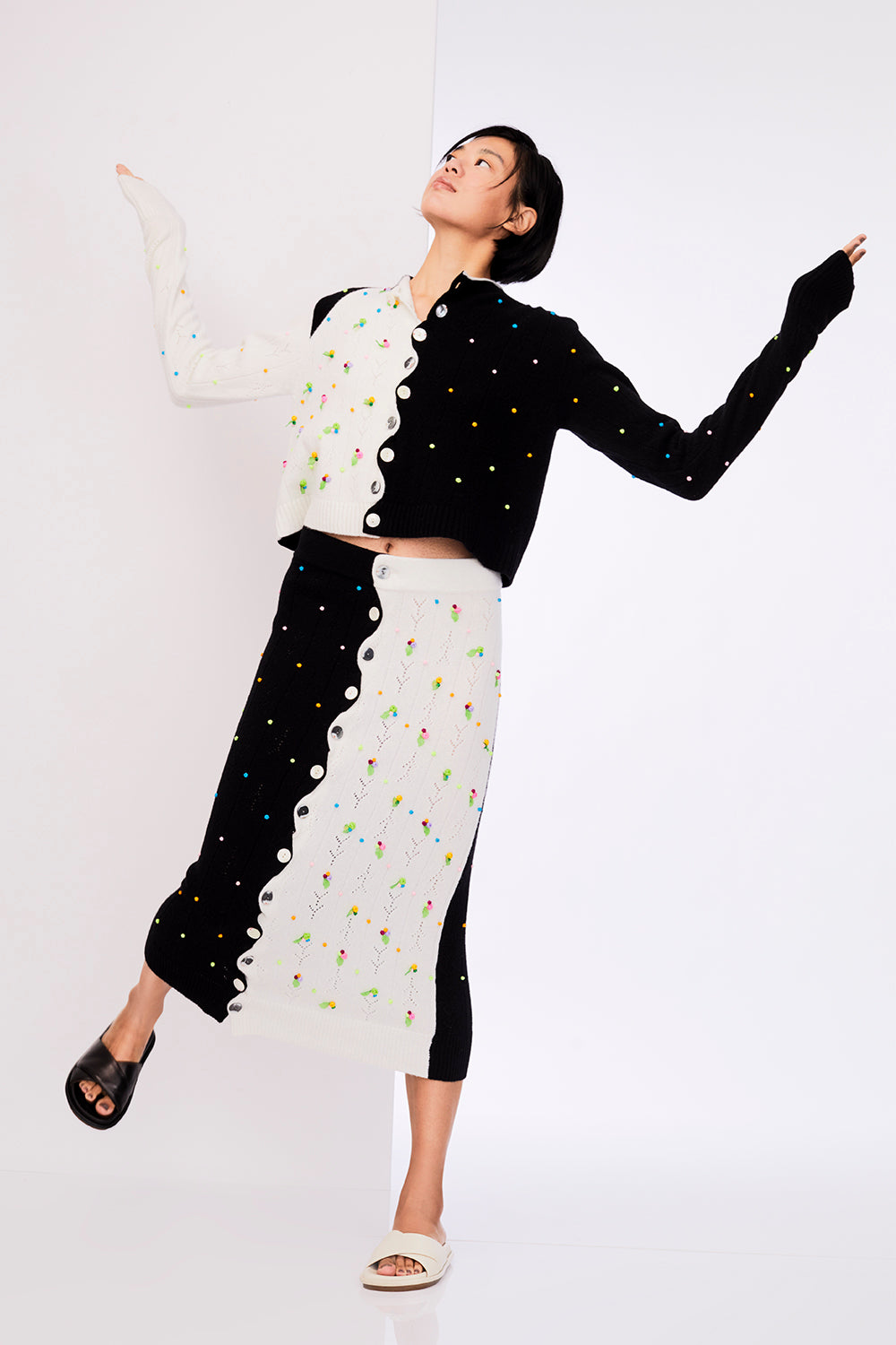 Rosie Extra Long Sleeve Cardigan in Black/White Lambswool